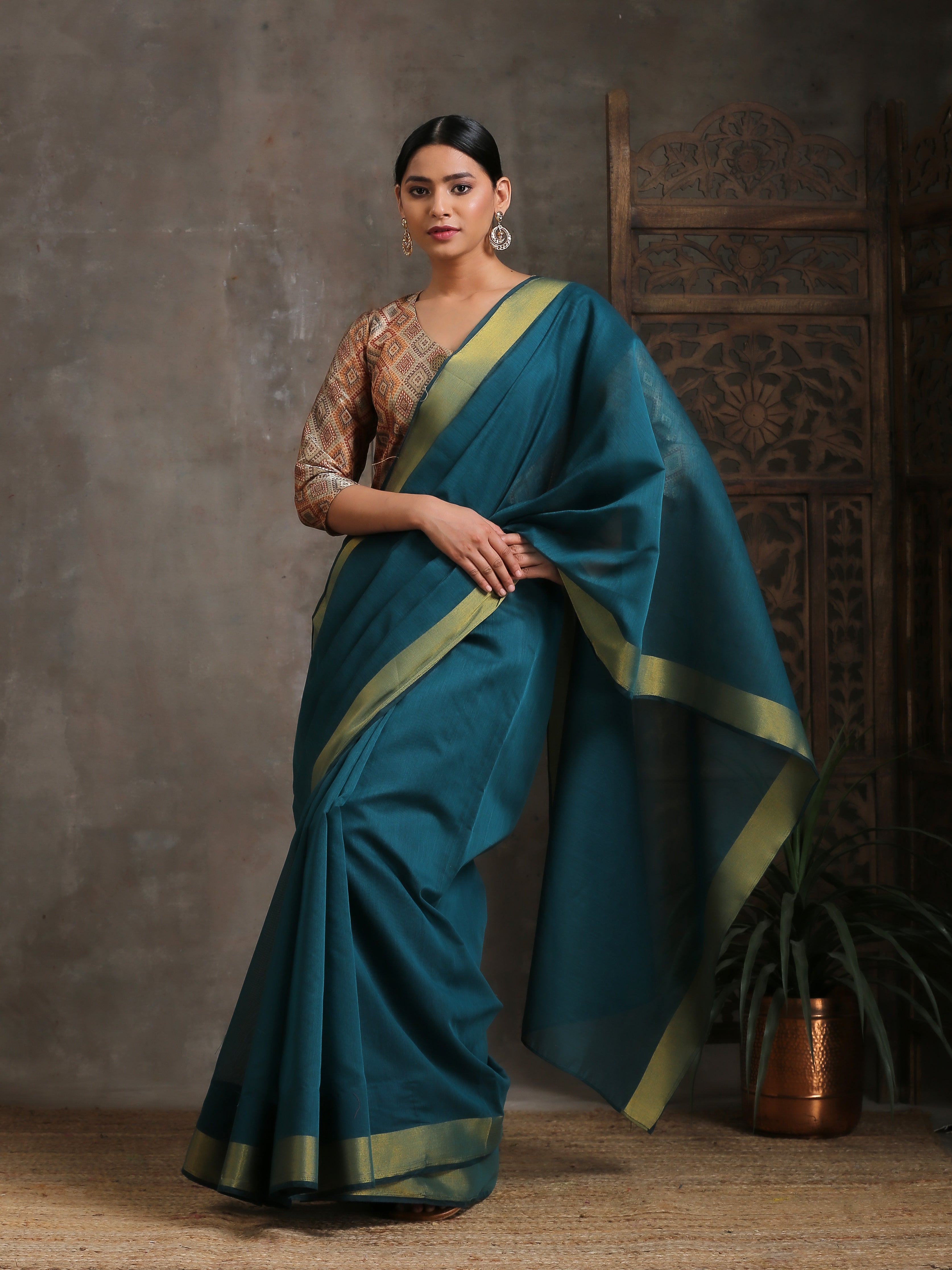 Dark Green Cotton Saree With Gold Border