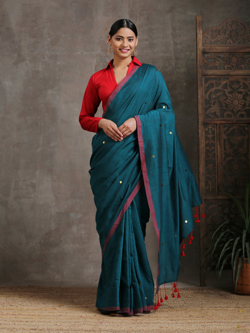 Emerald Cotton Saree With Red Fringe