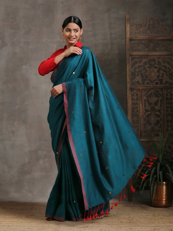 Emerald Cotton Saree With Red Fringe