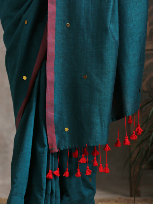 Emerald Cotton Saree With Red Fringe