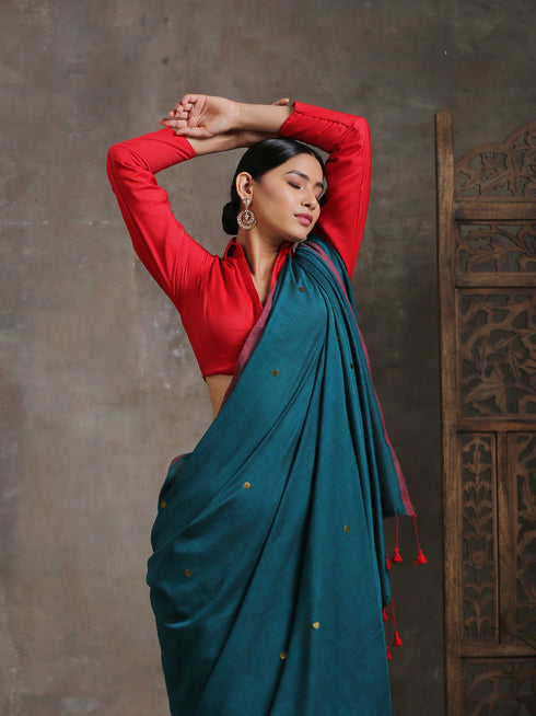 Emerald Cotton Saree With Red Fringe