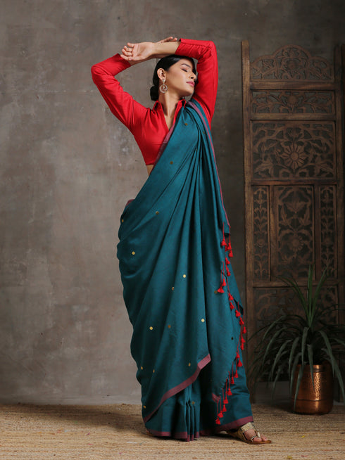 Emerald Cotton Saree With Red Fringe