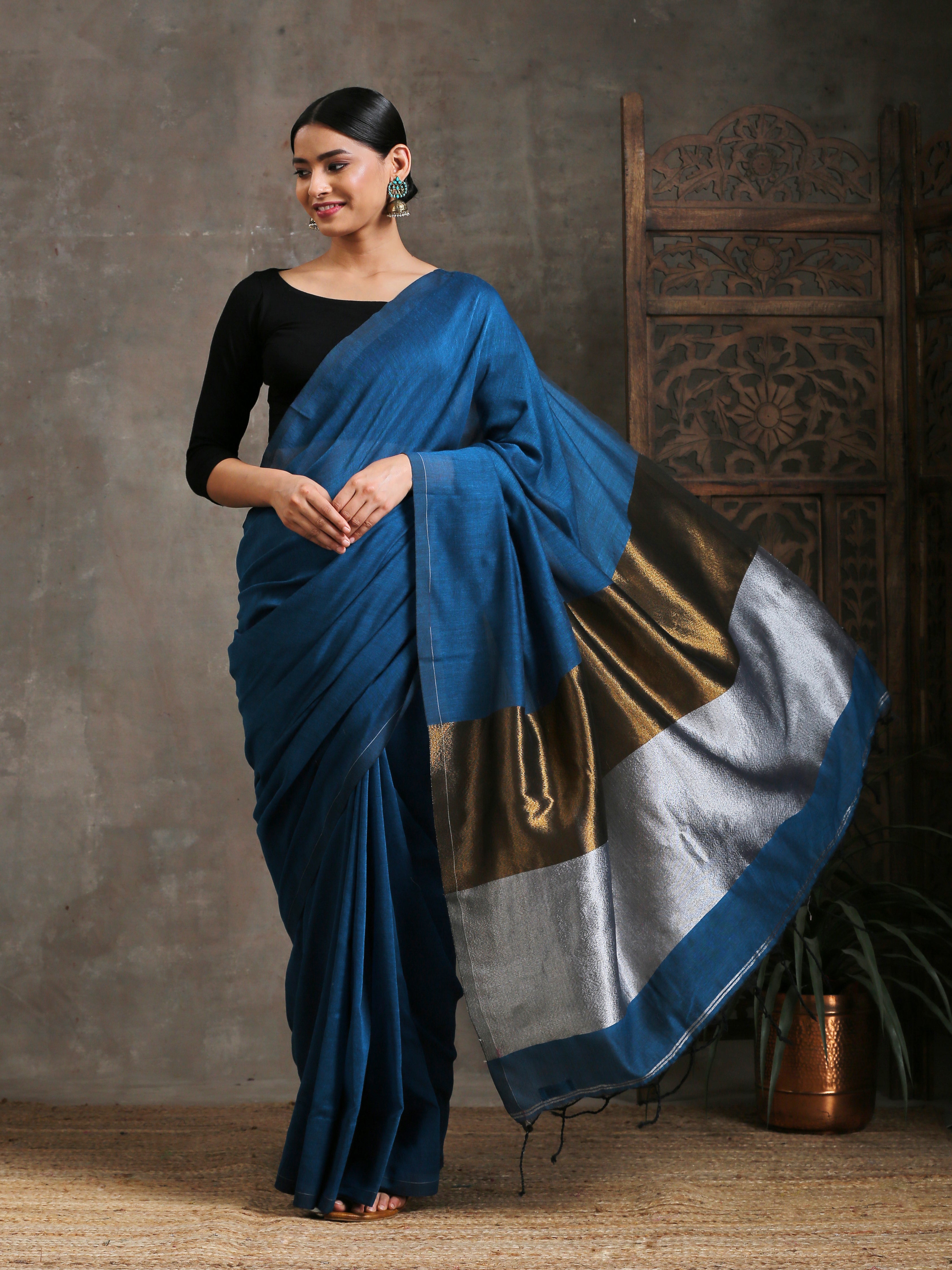 Blue Cotton Handloom Saree with Bronze & Silver Pallu