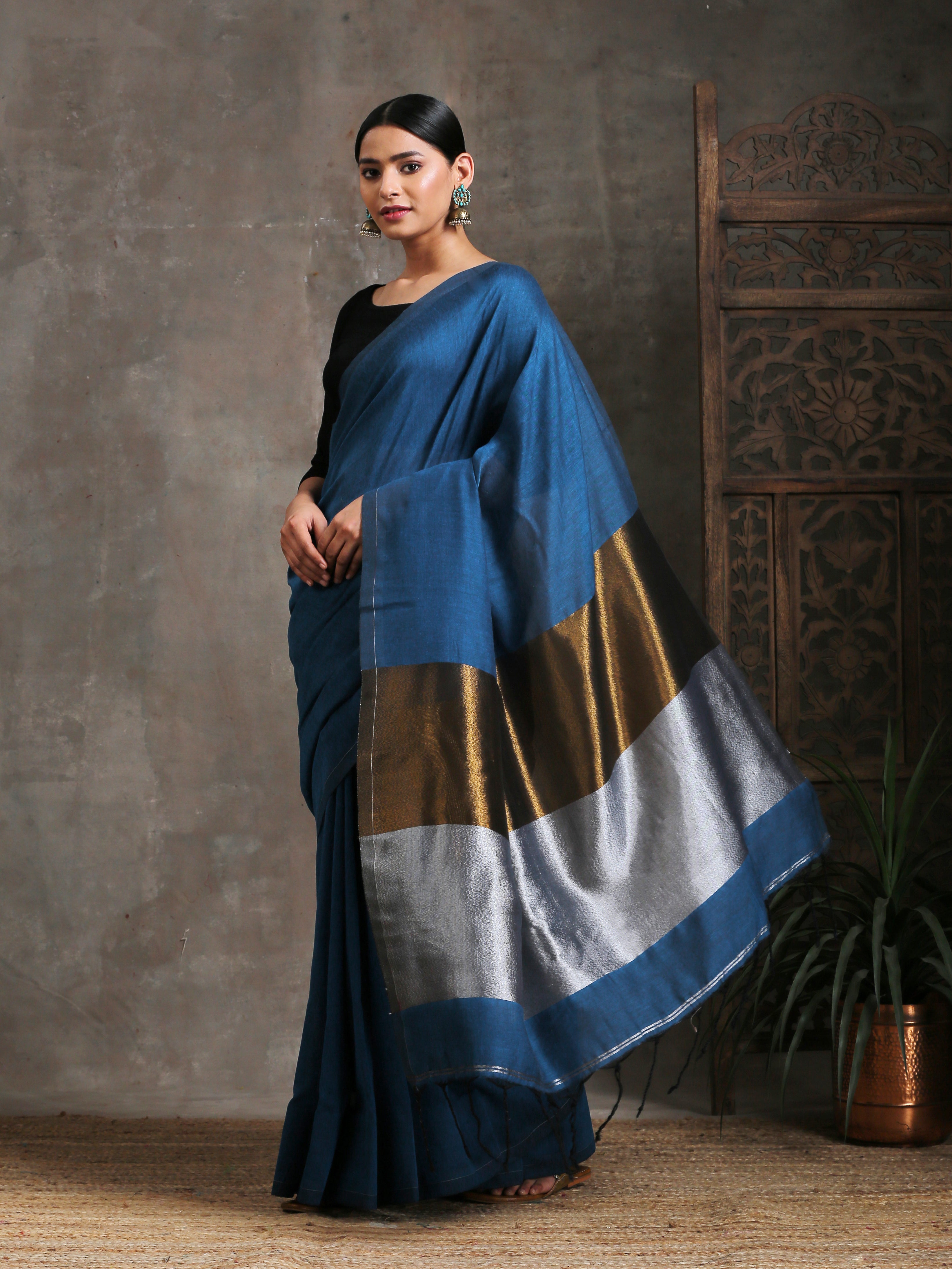 Blue Cotton Handloom Saree with Bronze & Silver Pallu