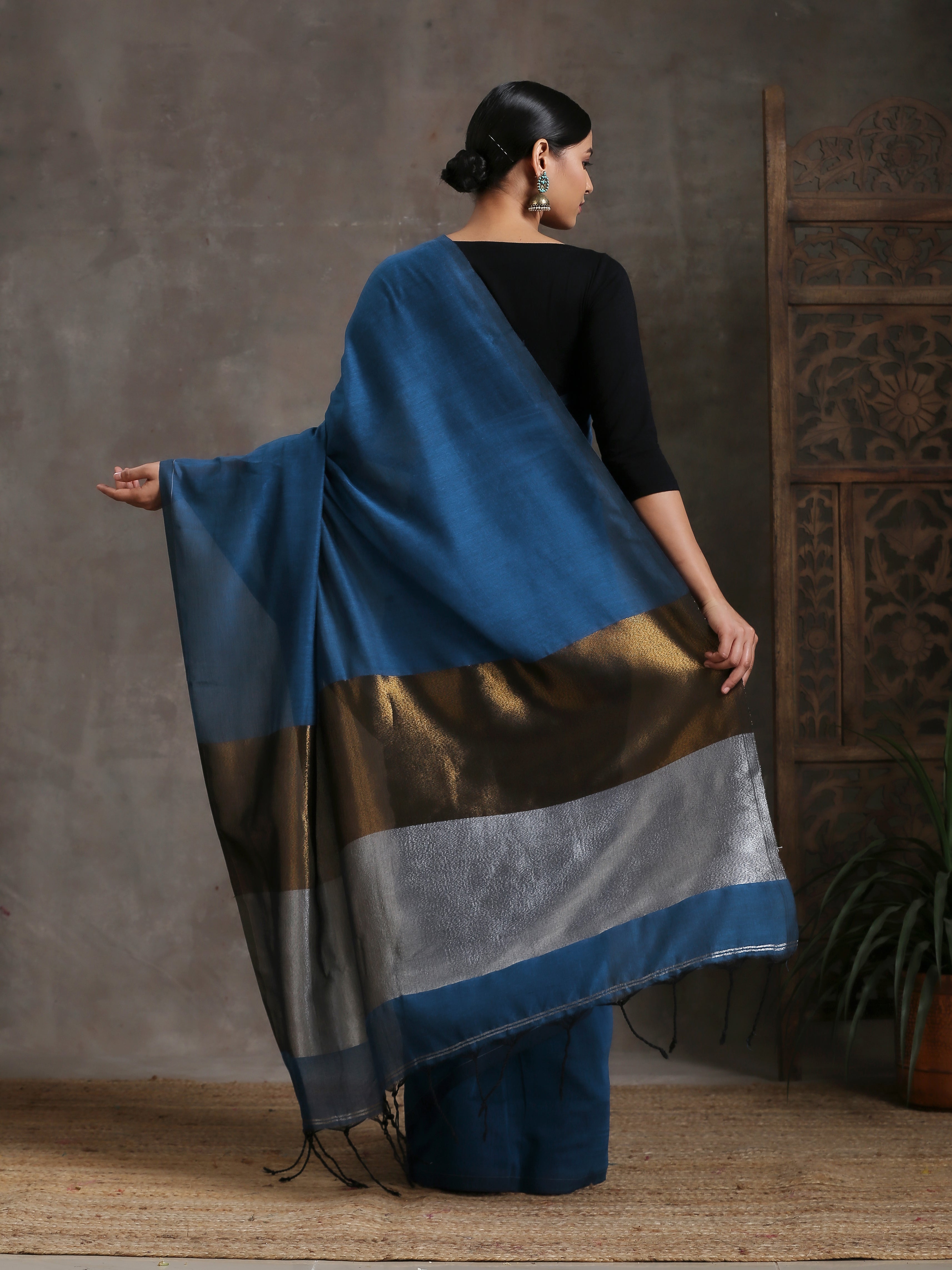 Blue Cotton Handloom Saree with Bronze & Silver Pallu