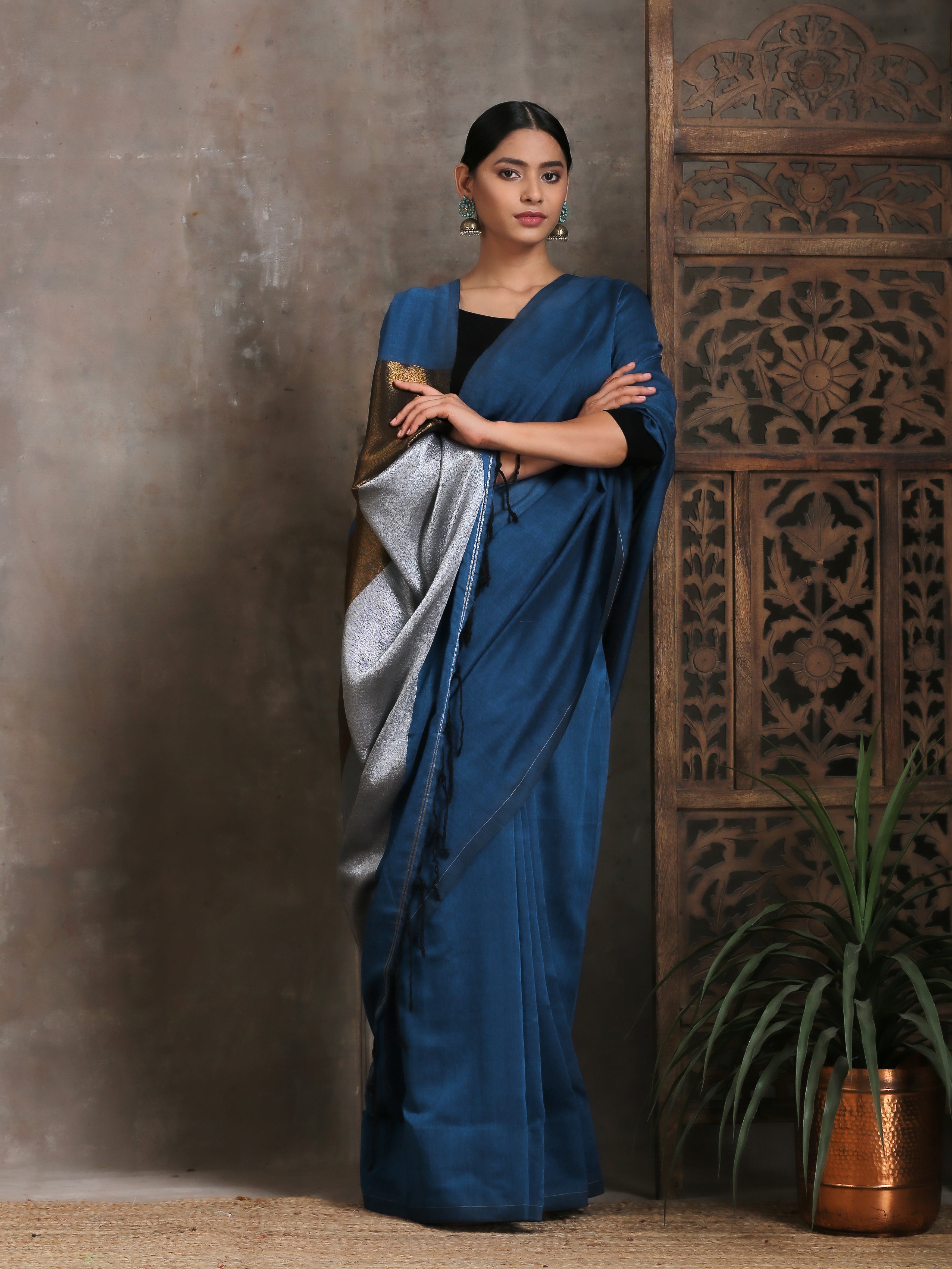 Blue Cotton Handloom Saree with Bronze & Silver Pallu