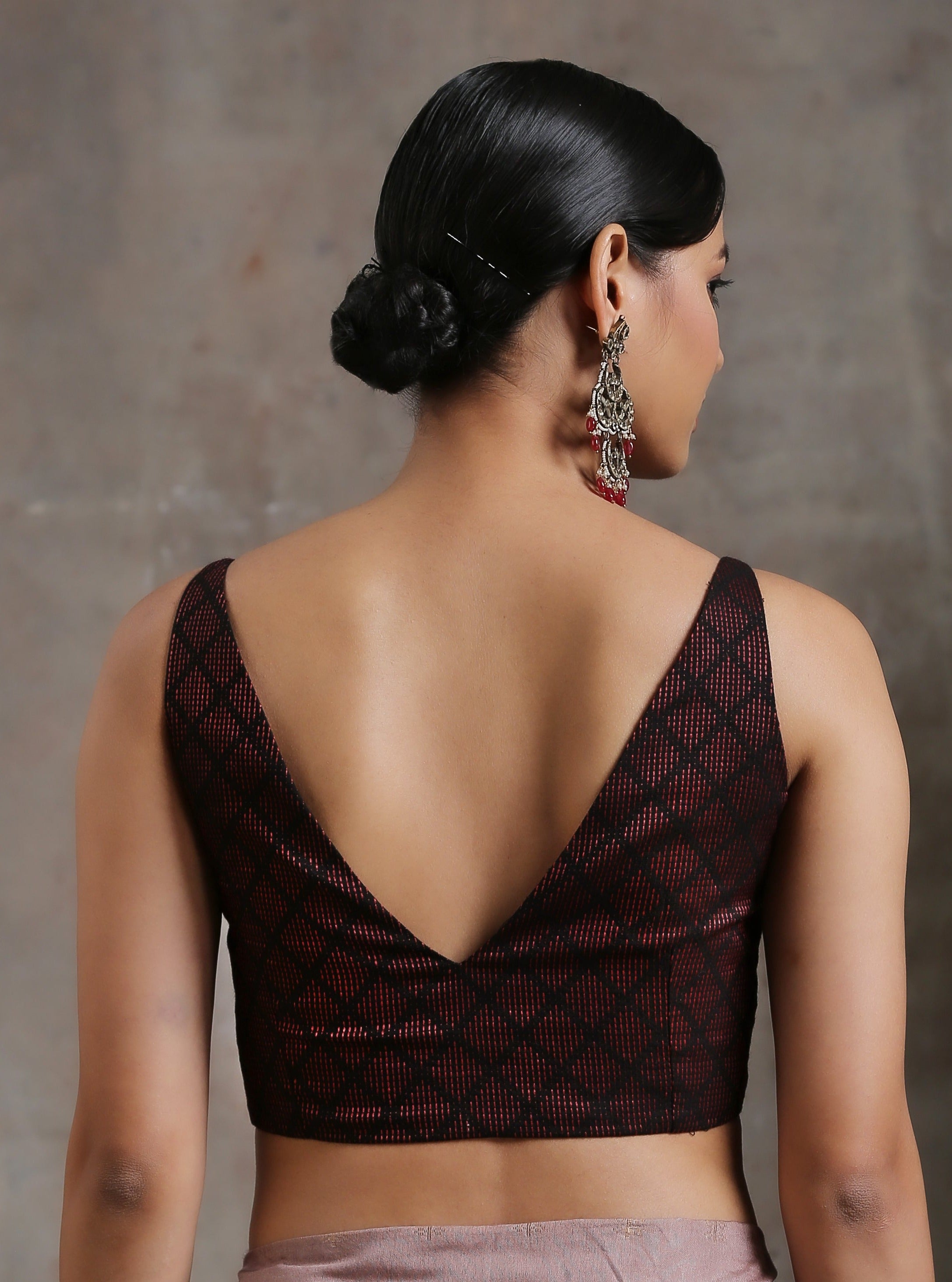 Blouse - Red & Black Woven Geometric Blouse