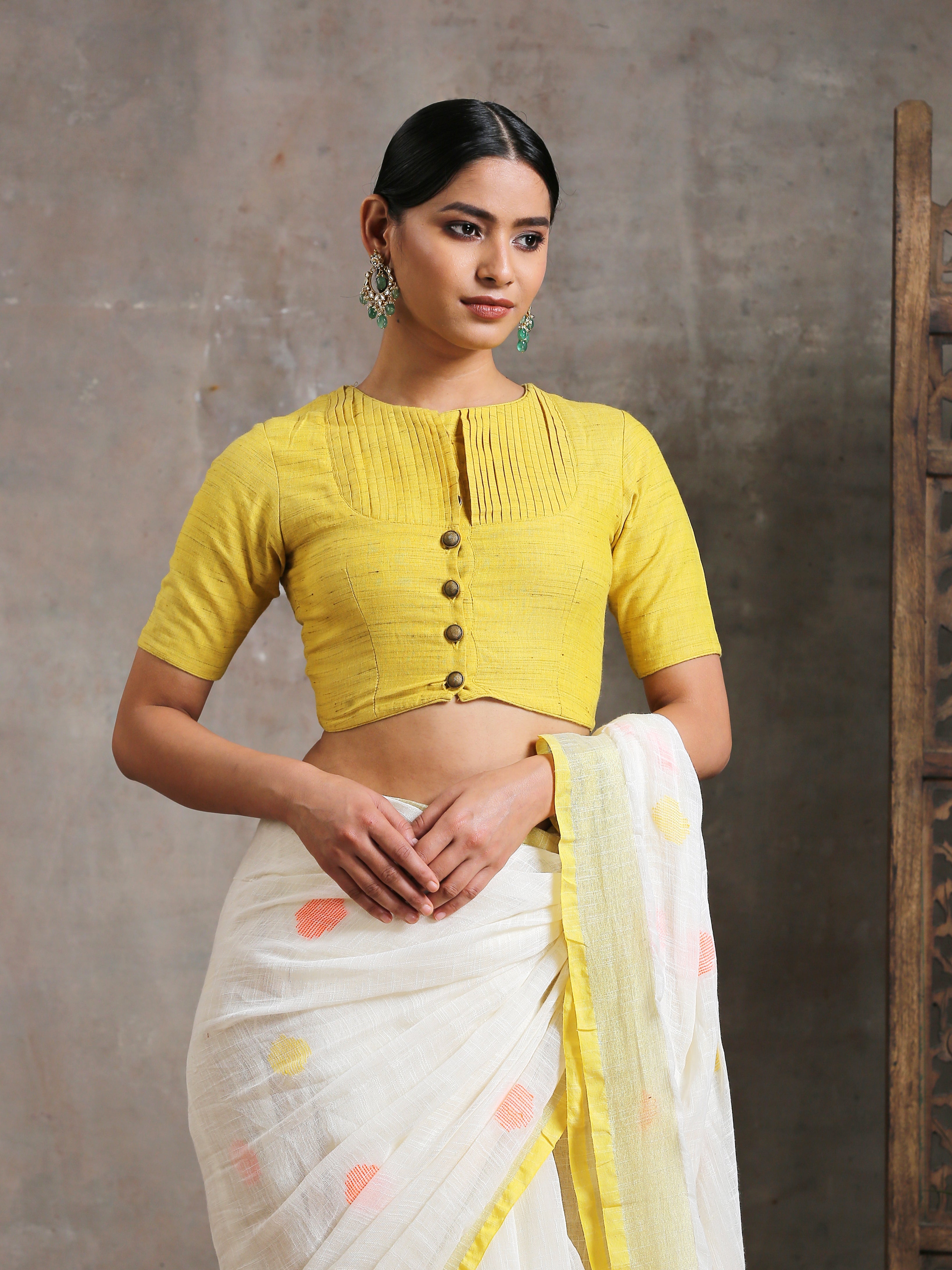 Blouse - Pintuck Yellow Cotton Slub Blouse