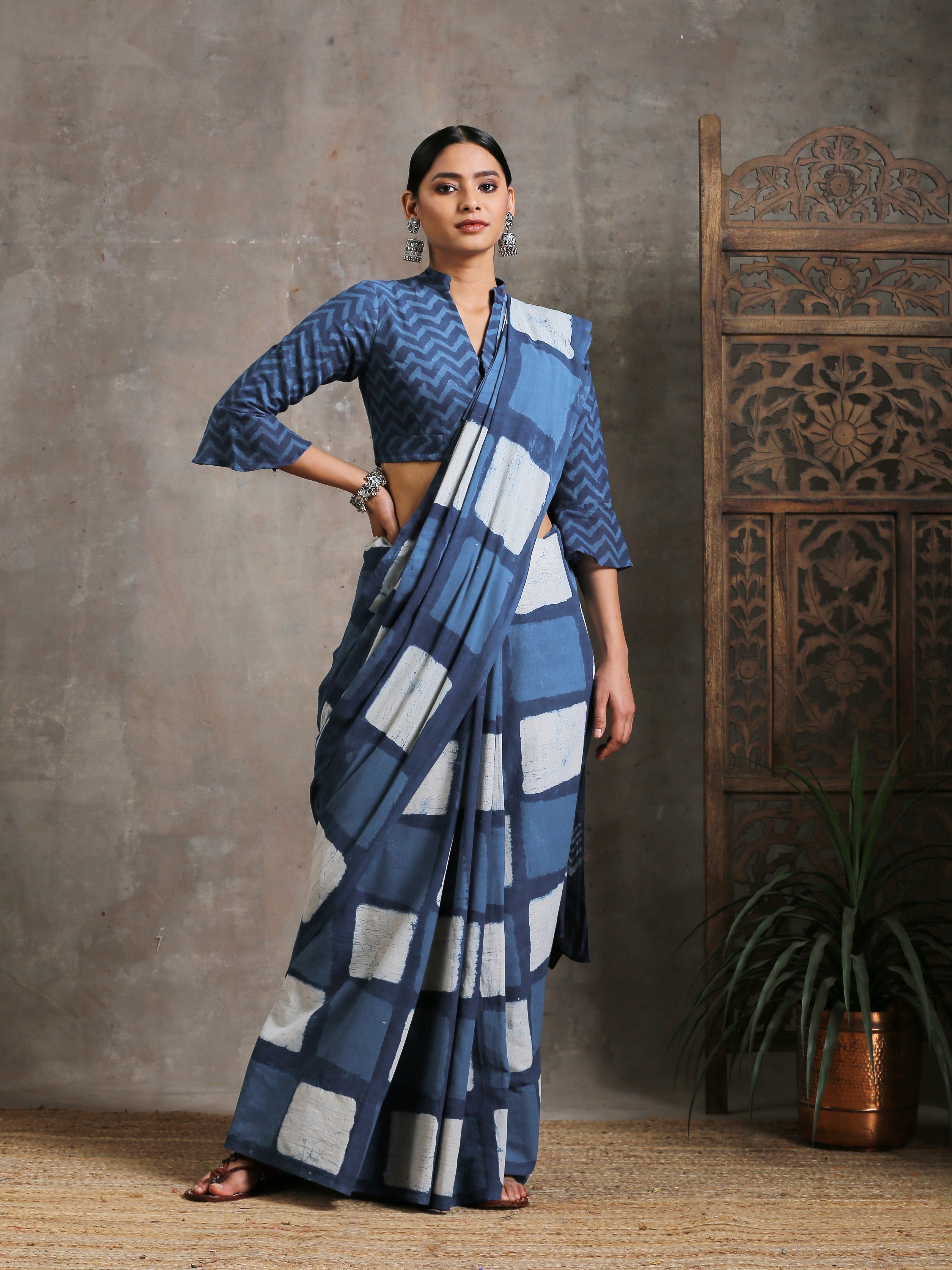 Indigo Box Hand Block Cotton Saree