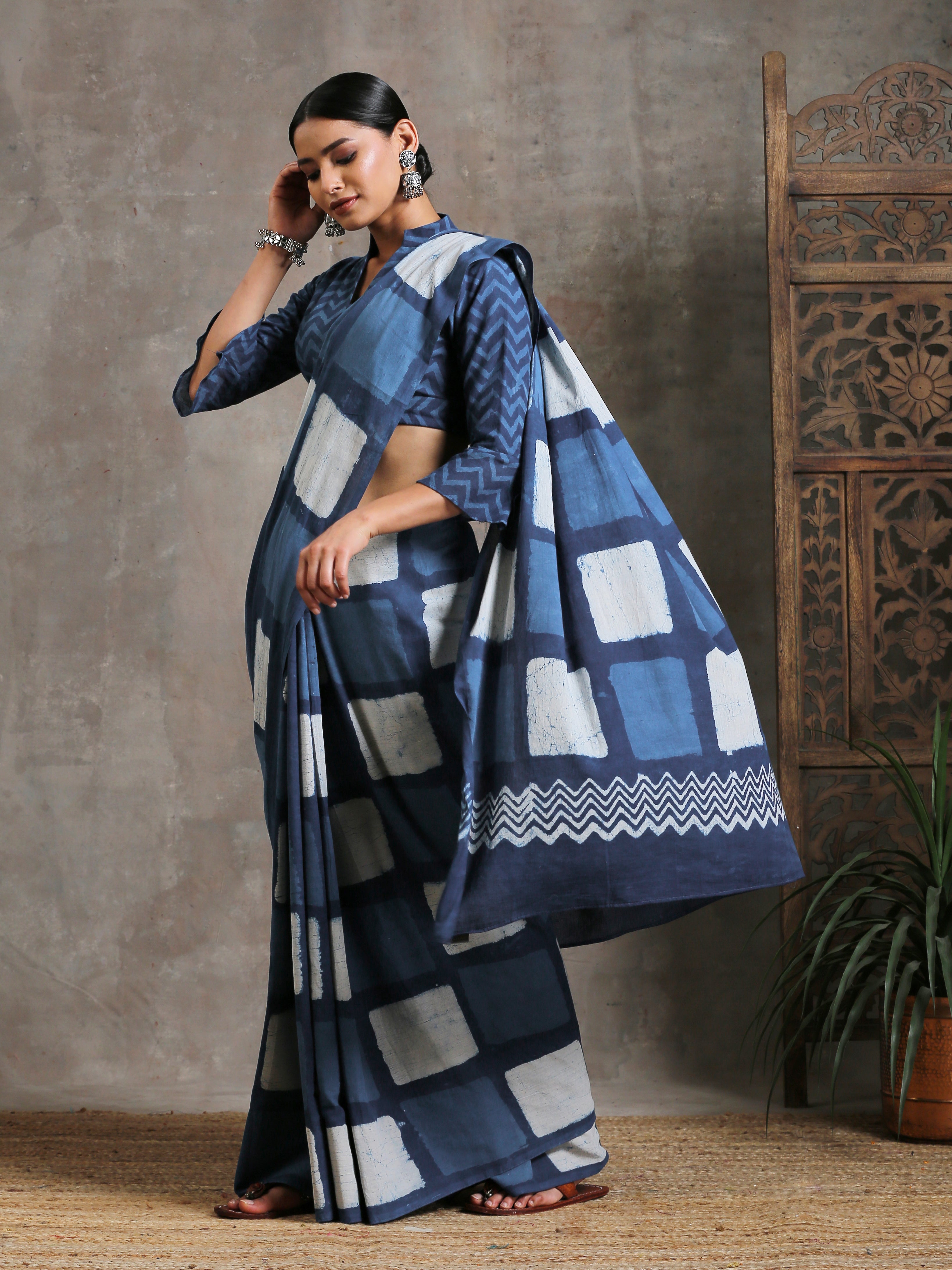 Indigo Box Hand Block Cotton Saree
