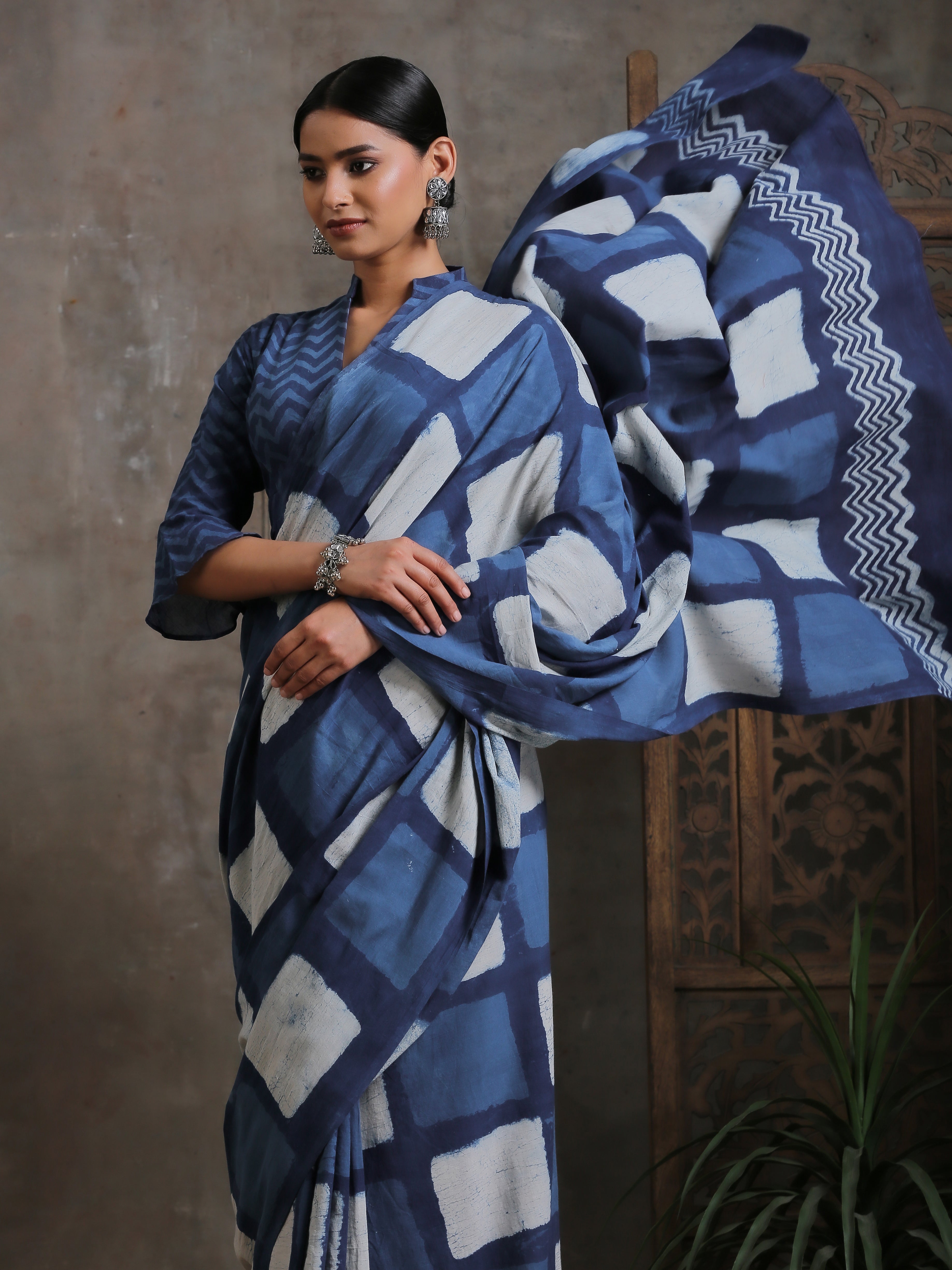 Indigo Box Hand Block Cotton Saree