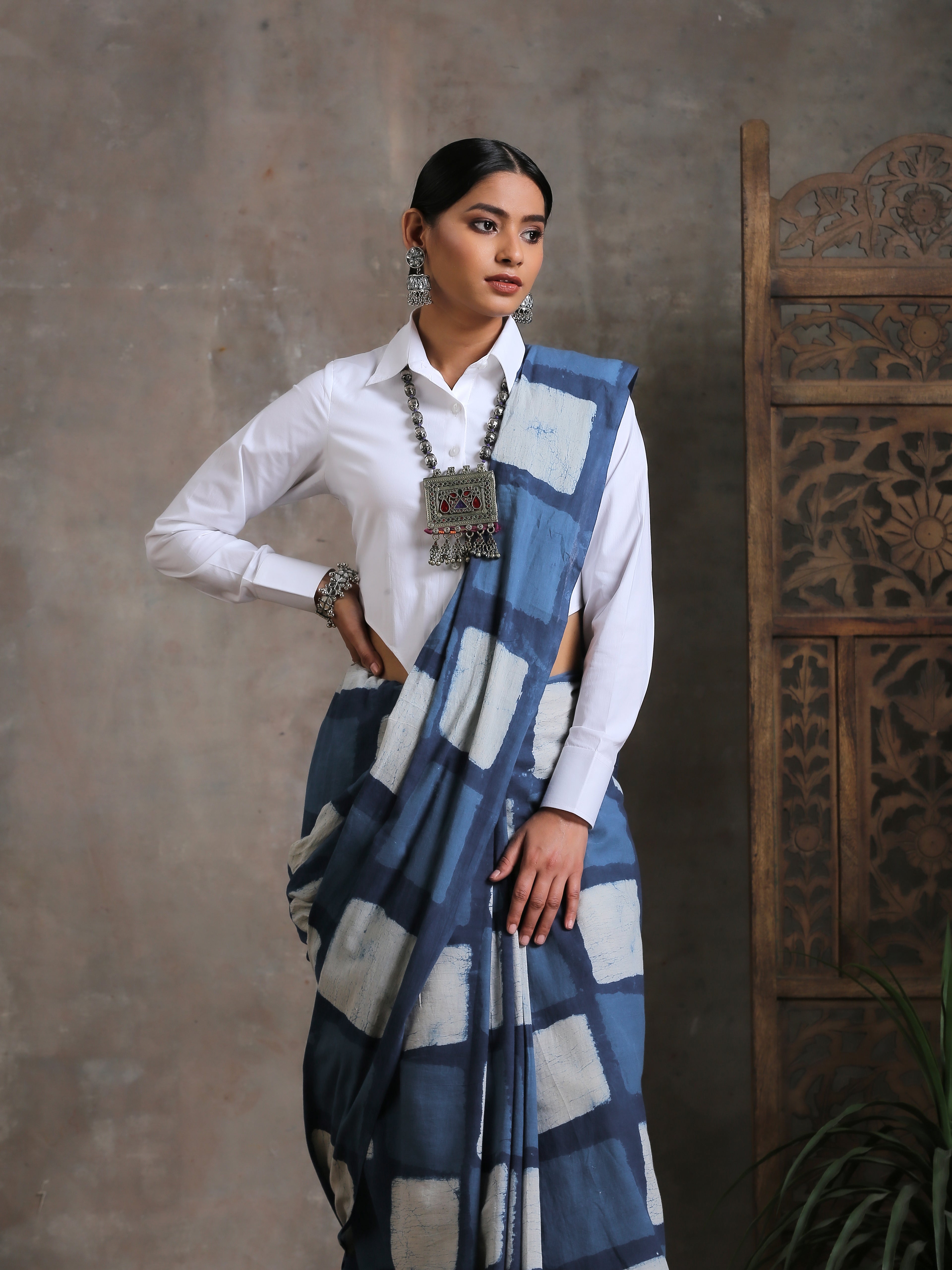 Indigo Box Hand Block Cotton Saree