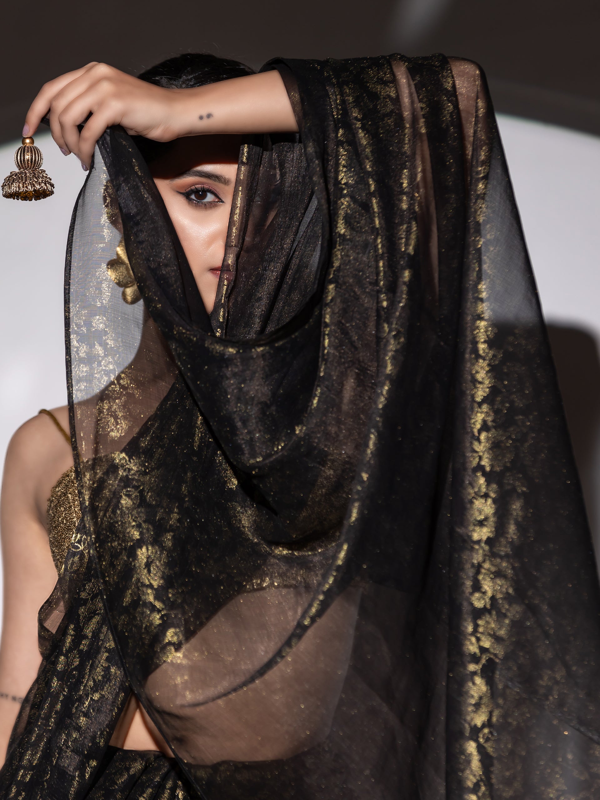 Shine on black organza gold floral print saree with blouse fabric — view 2
