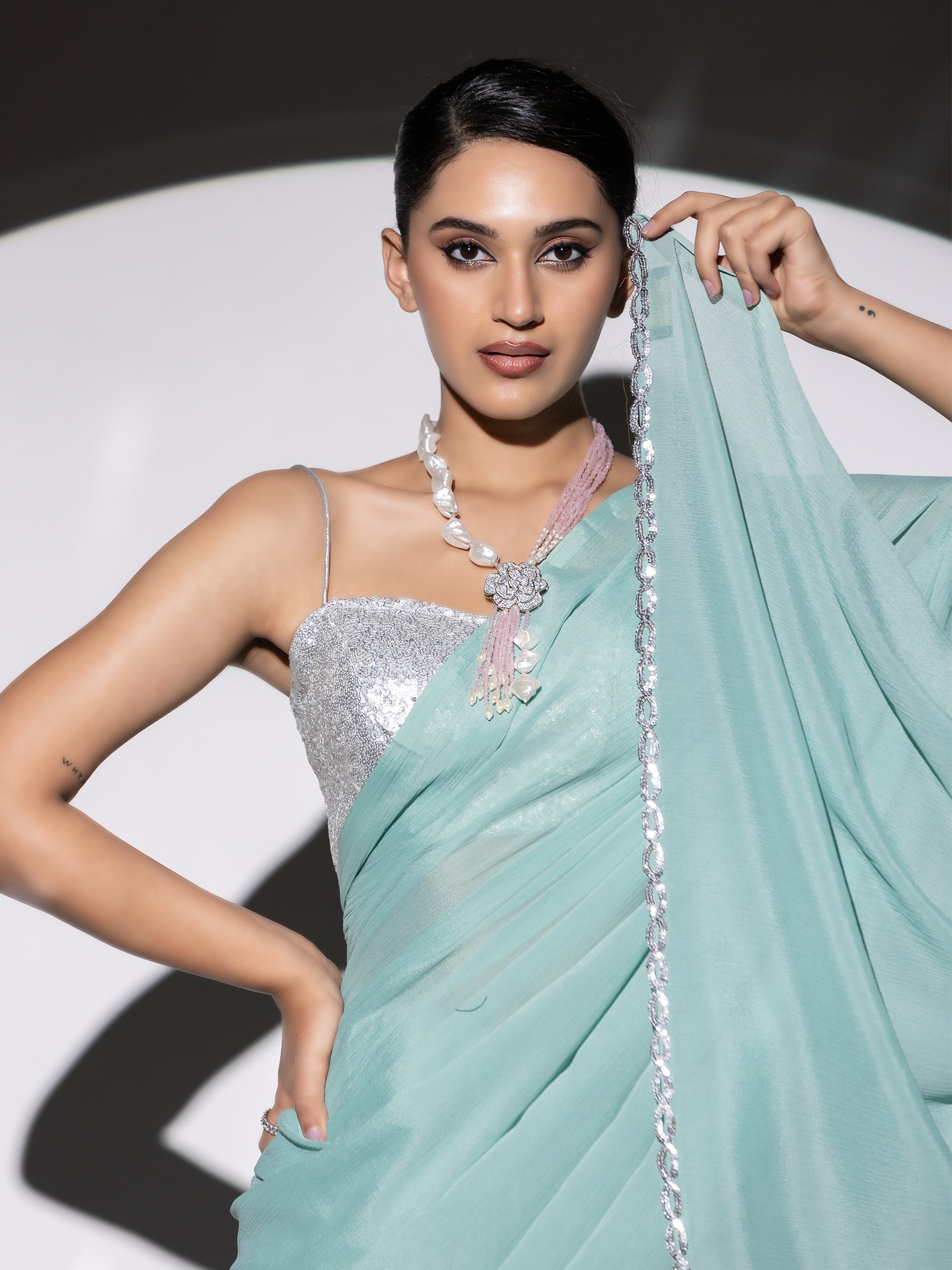 Bora Bora Blue Saree with Silver Lace