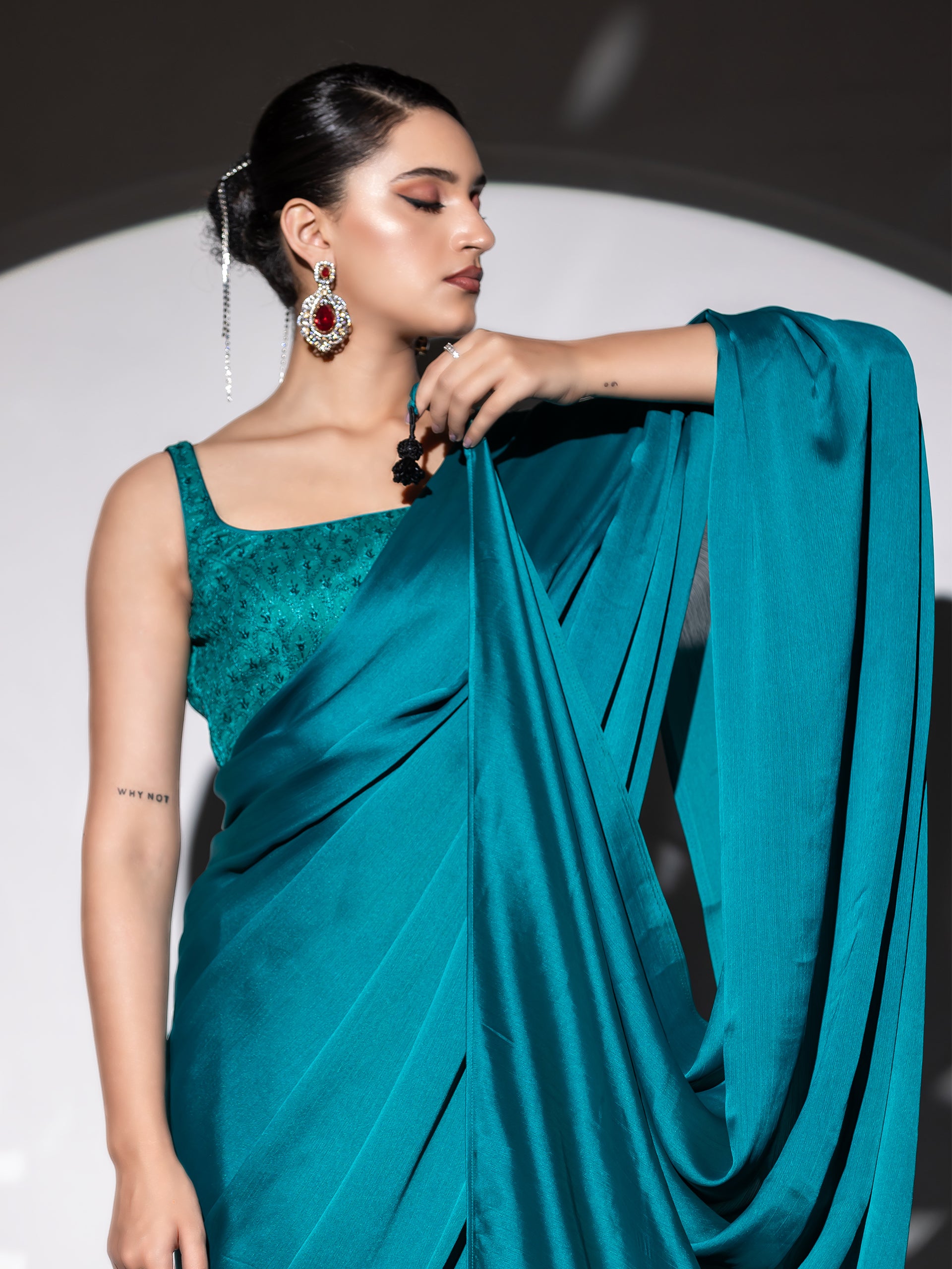 Swirl sea blue butter chiffon saree with embroidered blouse fabric — view 2