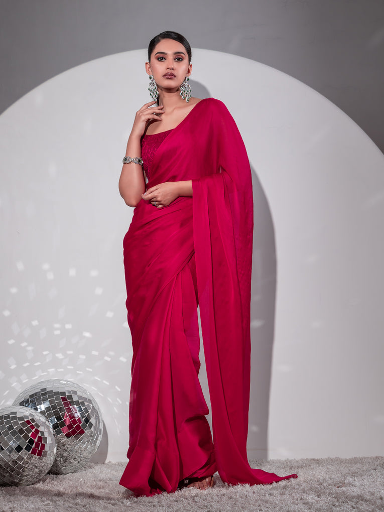Romantic Crimson Butter Chiffon Saree with Embroidered Blouse Fabric