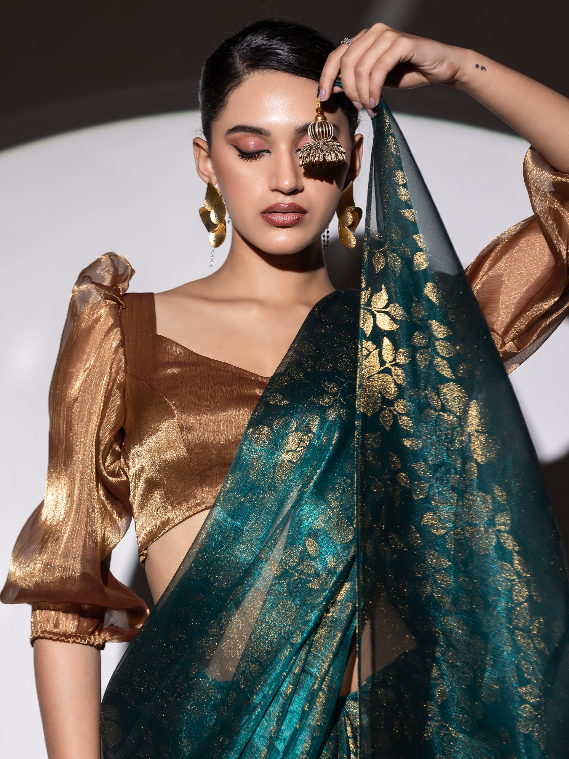 Golden forest organza floral print saree with blouse fabric — view 3