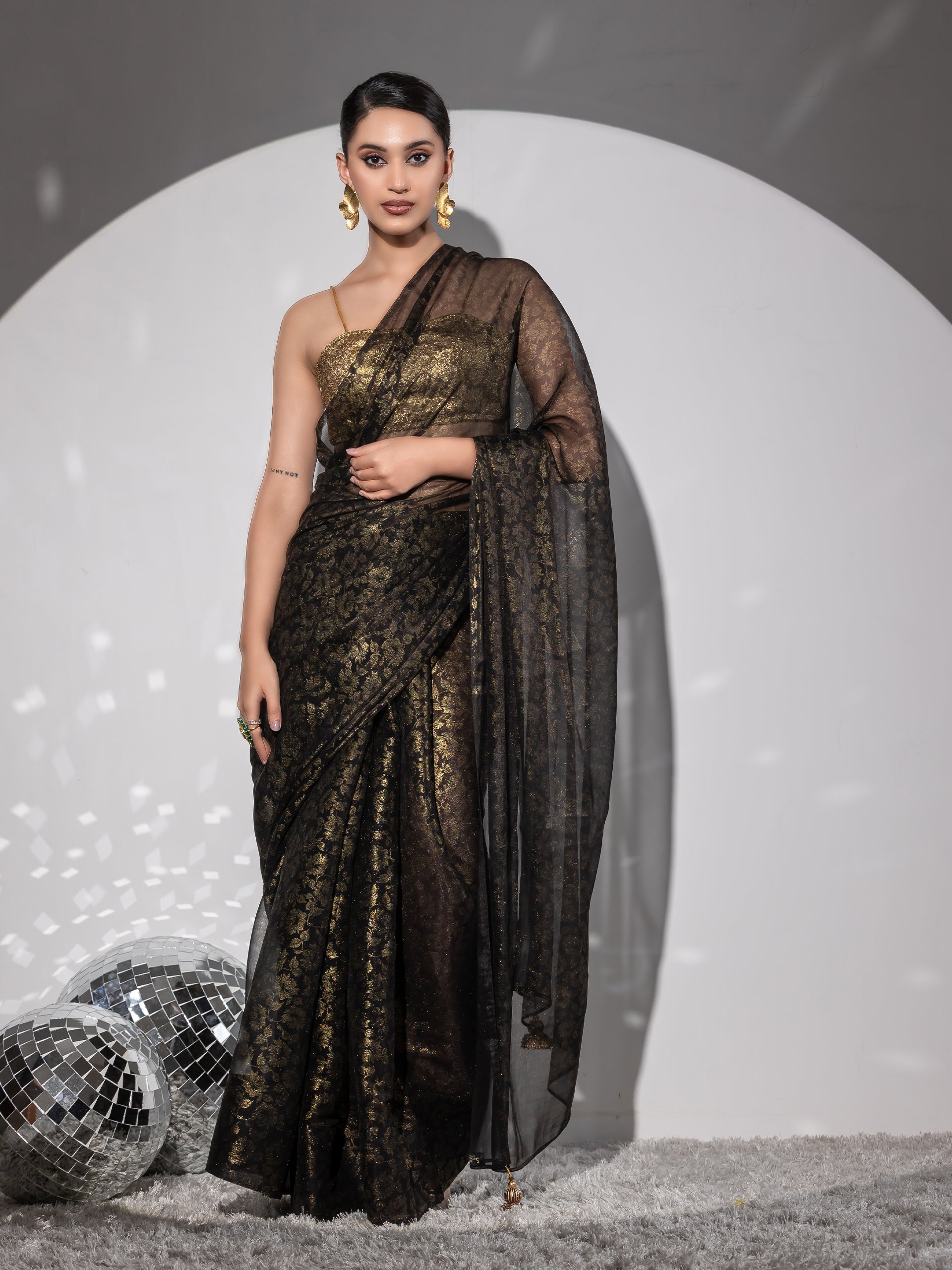 Shine on black organza gold floral print saree with blouse fabric — view 4