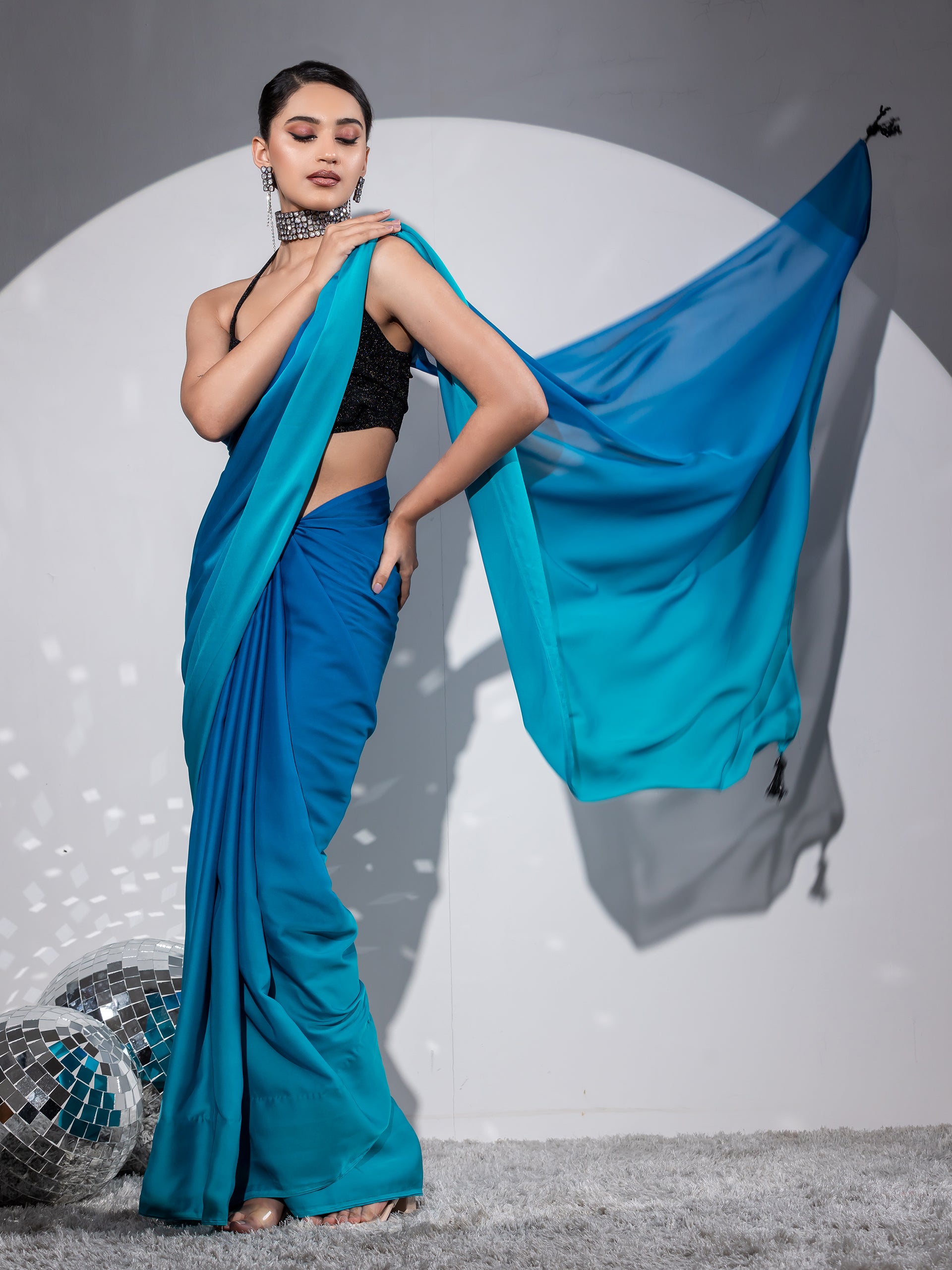 Cyan Persian blue silky chiffon with blouse fabric — view 2