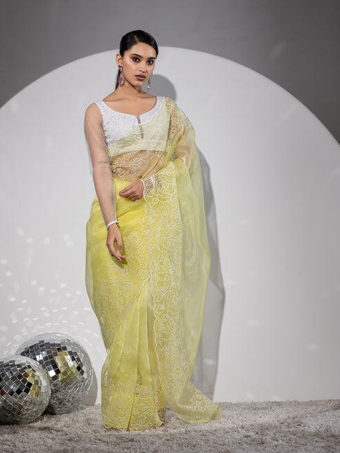 Summer-  Lemon Yellow Organza Embroidered Saree