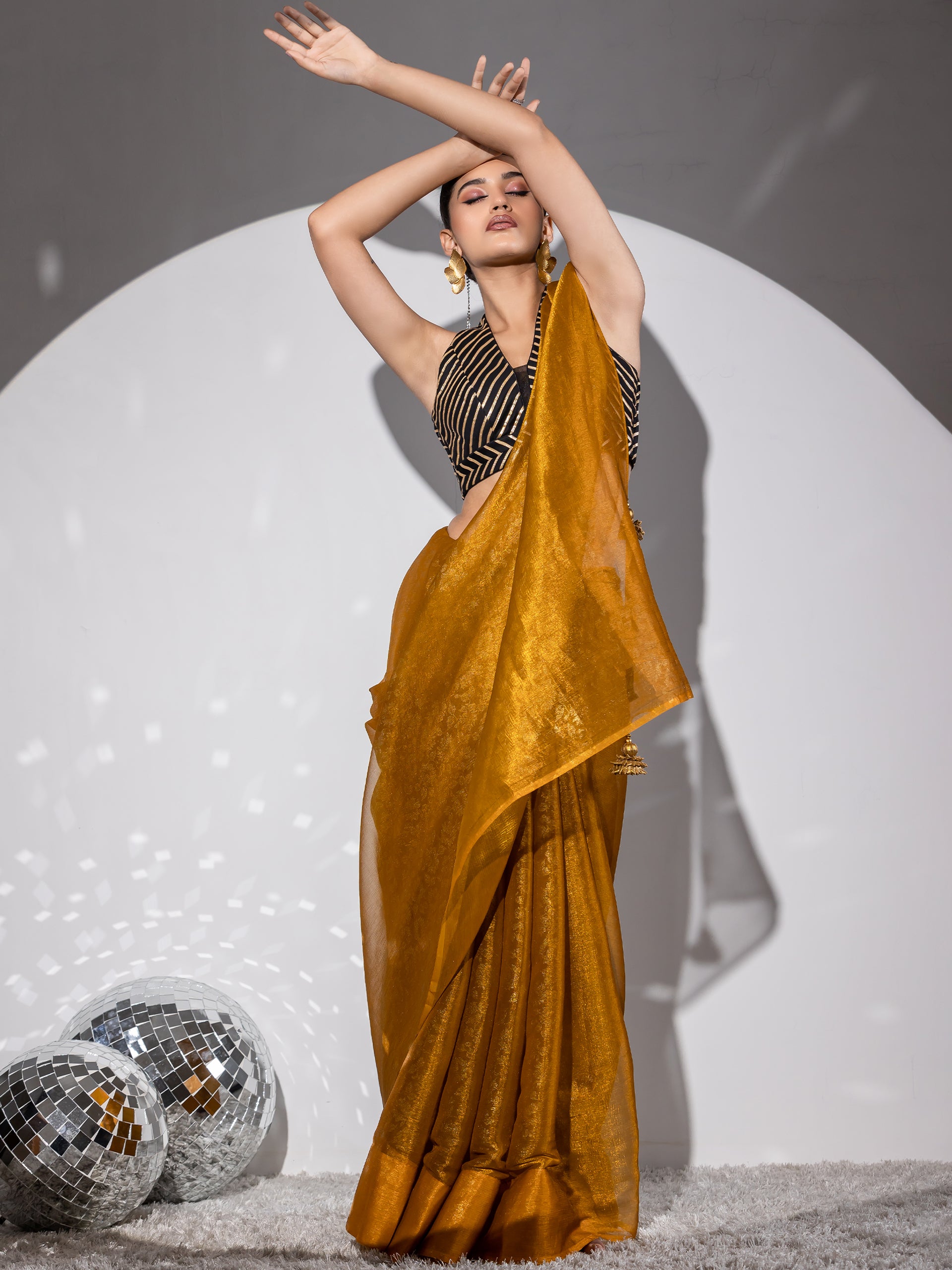 Blitz mustard gold floral print organza saree with blouse fabric