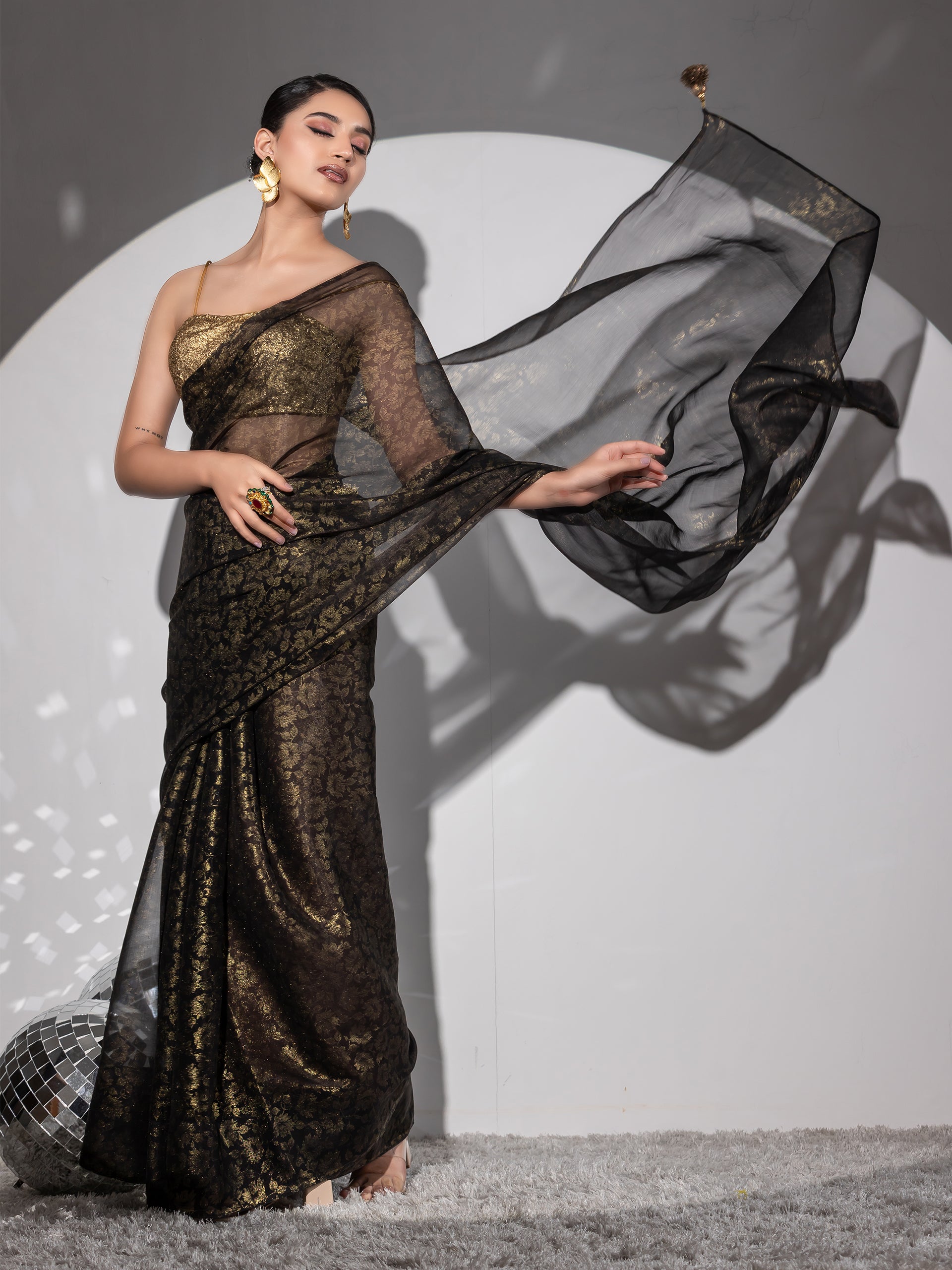 Shine on black organza gold floral print saree with blouse fabric