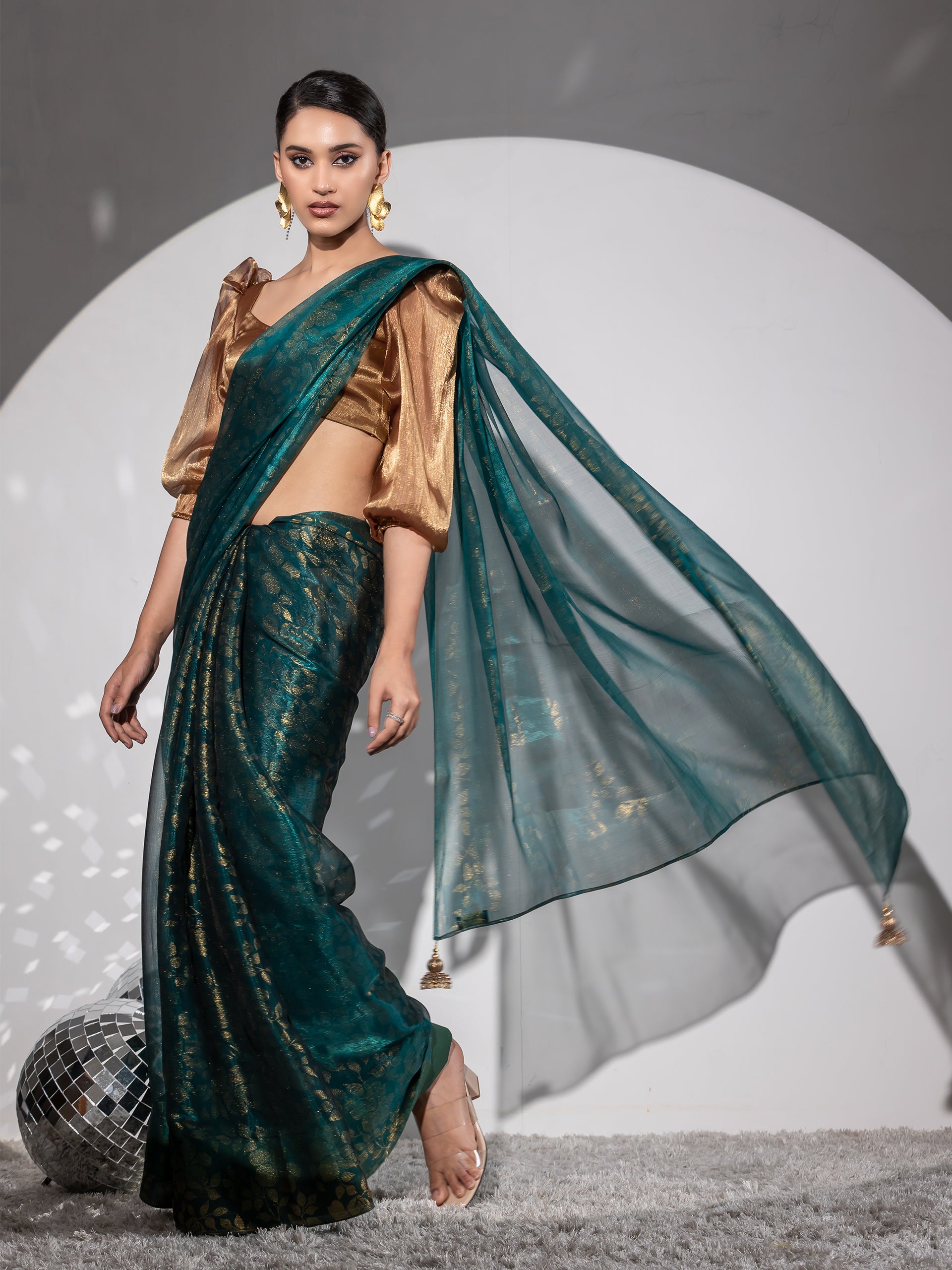 Golden forest organza floral print saree with blouse fabric — view 6