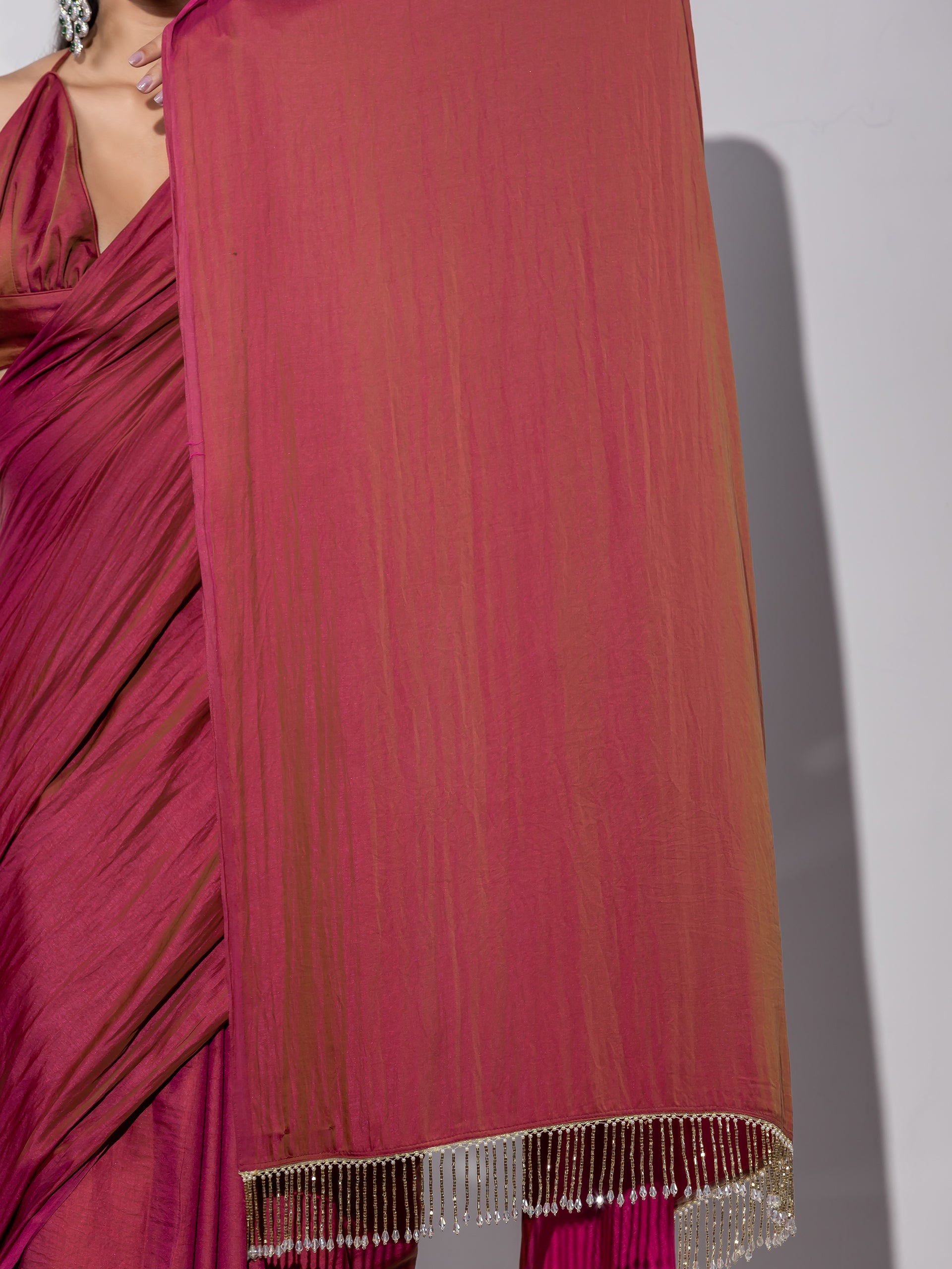 Treasure Paradise Satin Saree with Long Beads and Blouse Fabric