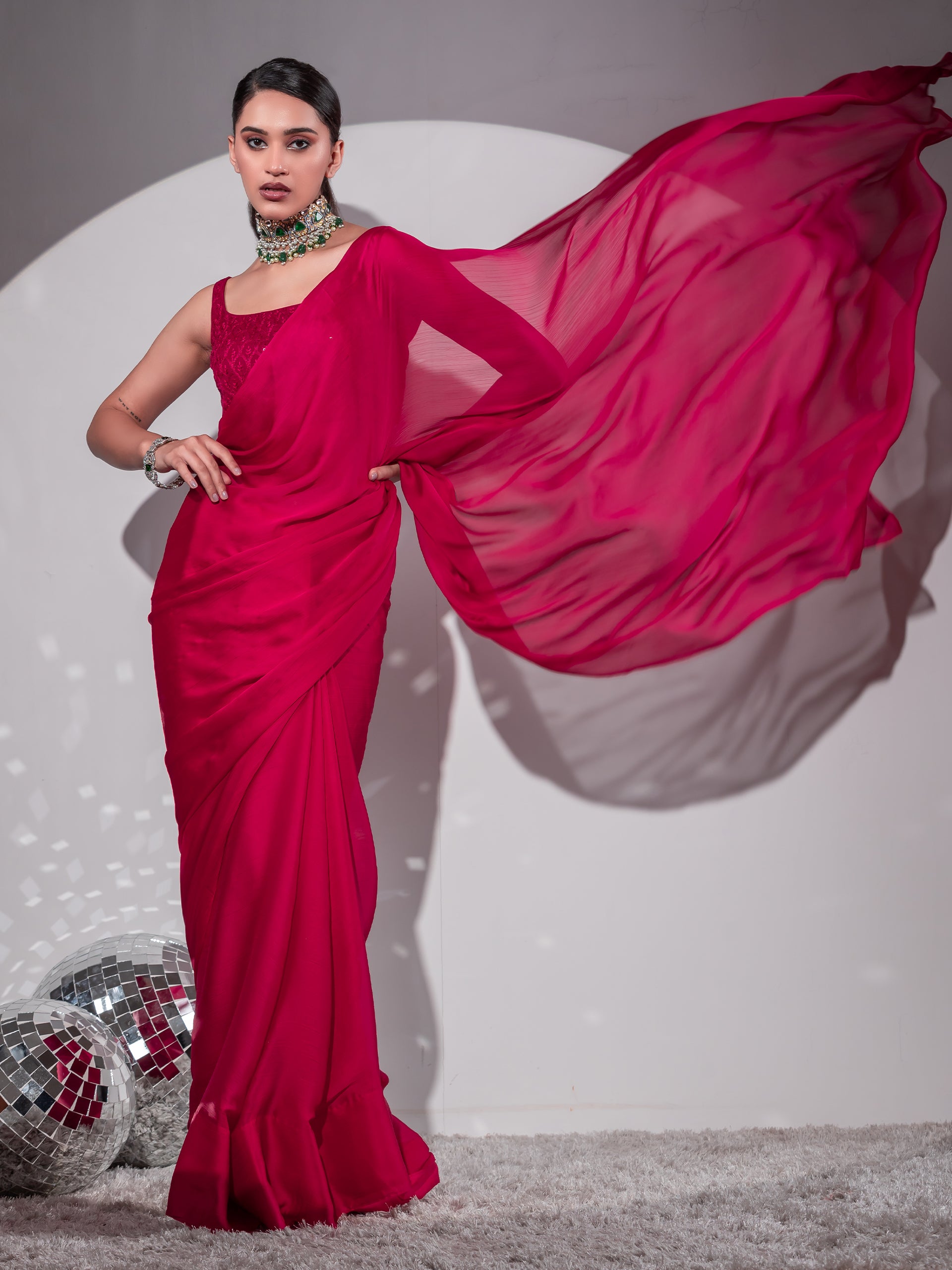Romantic Crimson Butter Chiffon Saree with Embroidered Blouse Fabric