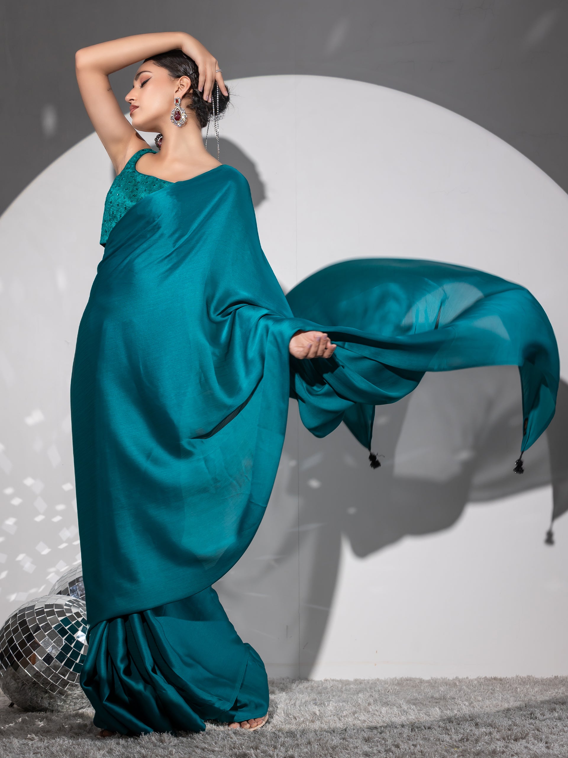 Swirl sea blue butter chiffon saree with embroidered blouse fabric