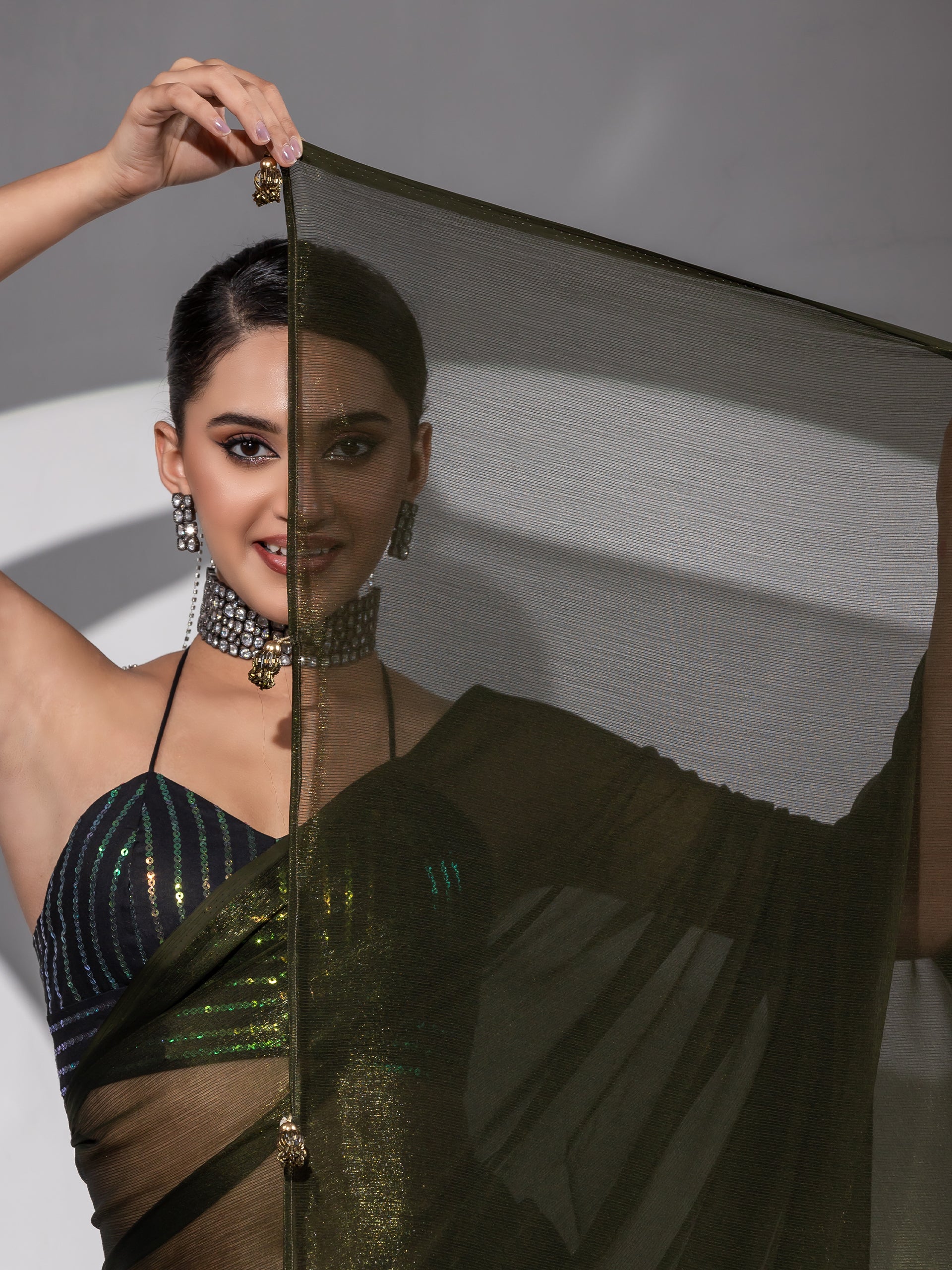 Mehndi Gold Shimmer Chiffon Saree with Pendants and Blouse Fabric