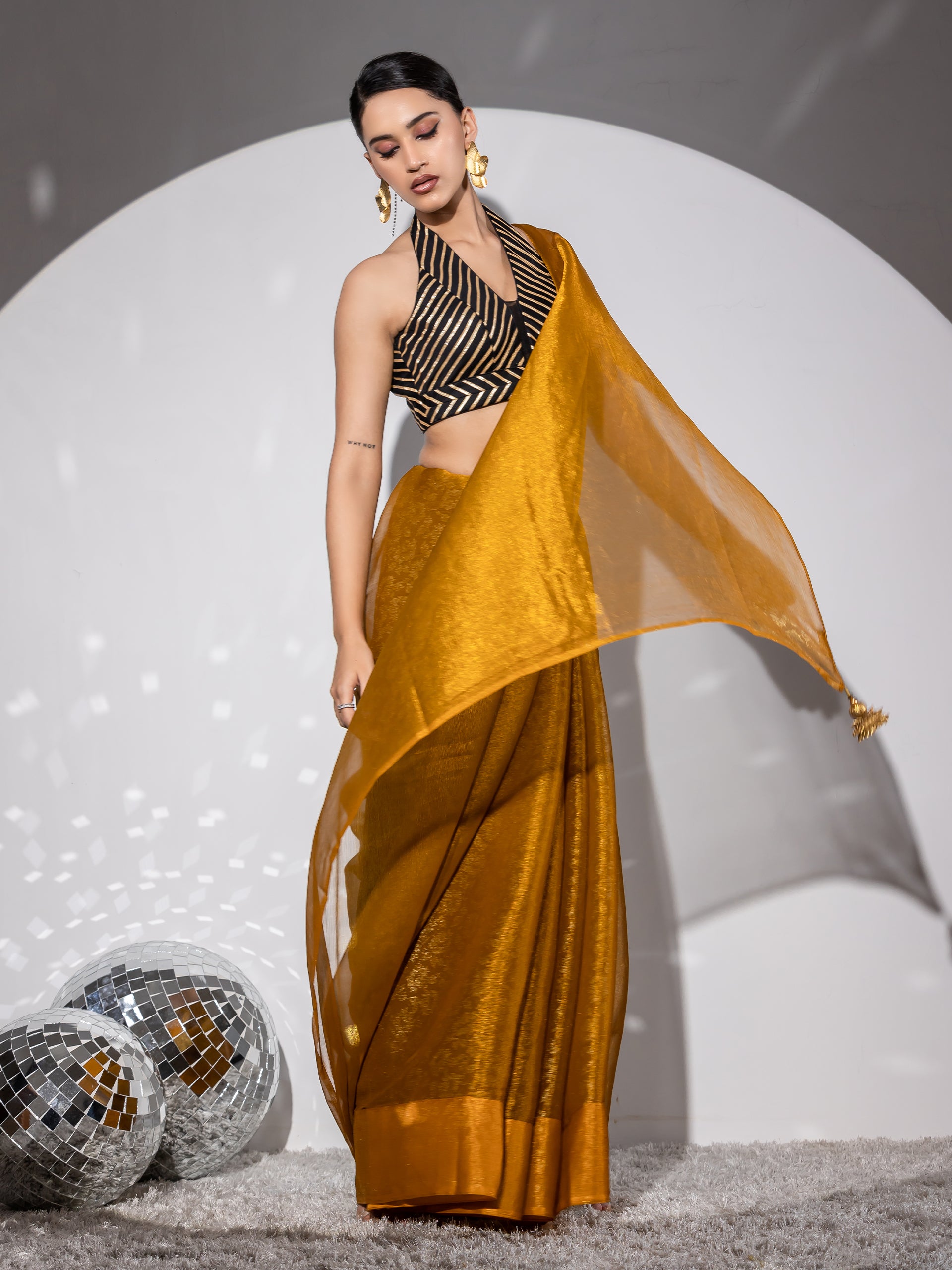 Blitz mustard gold floral print organza saree with blouse fabric — view 5