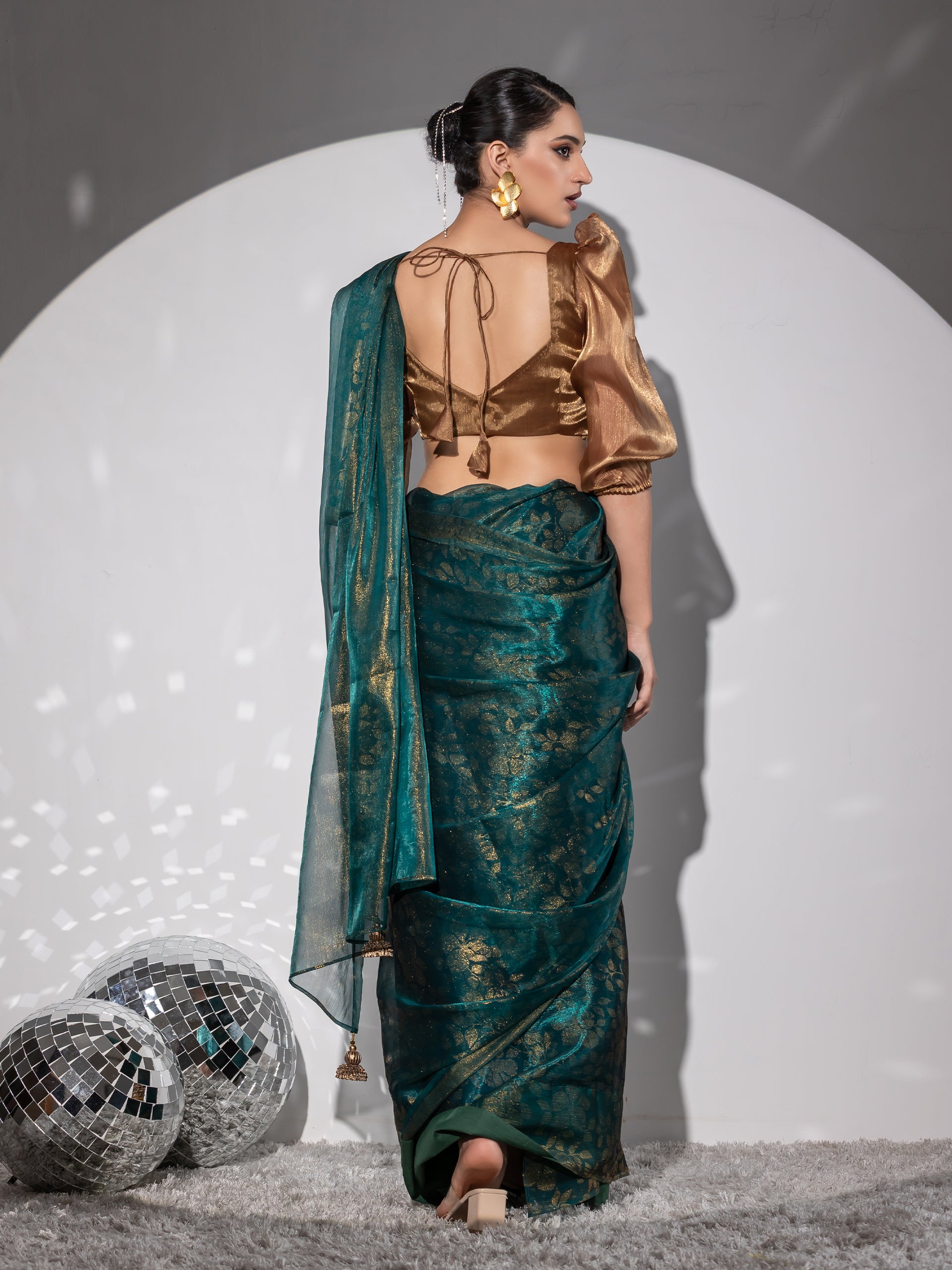 Golden forest organza floral print saree with blouse fabric — view 4