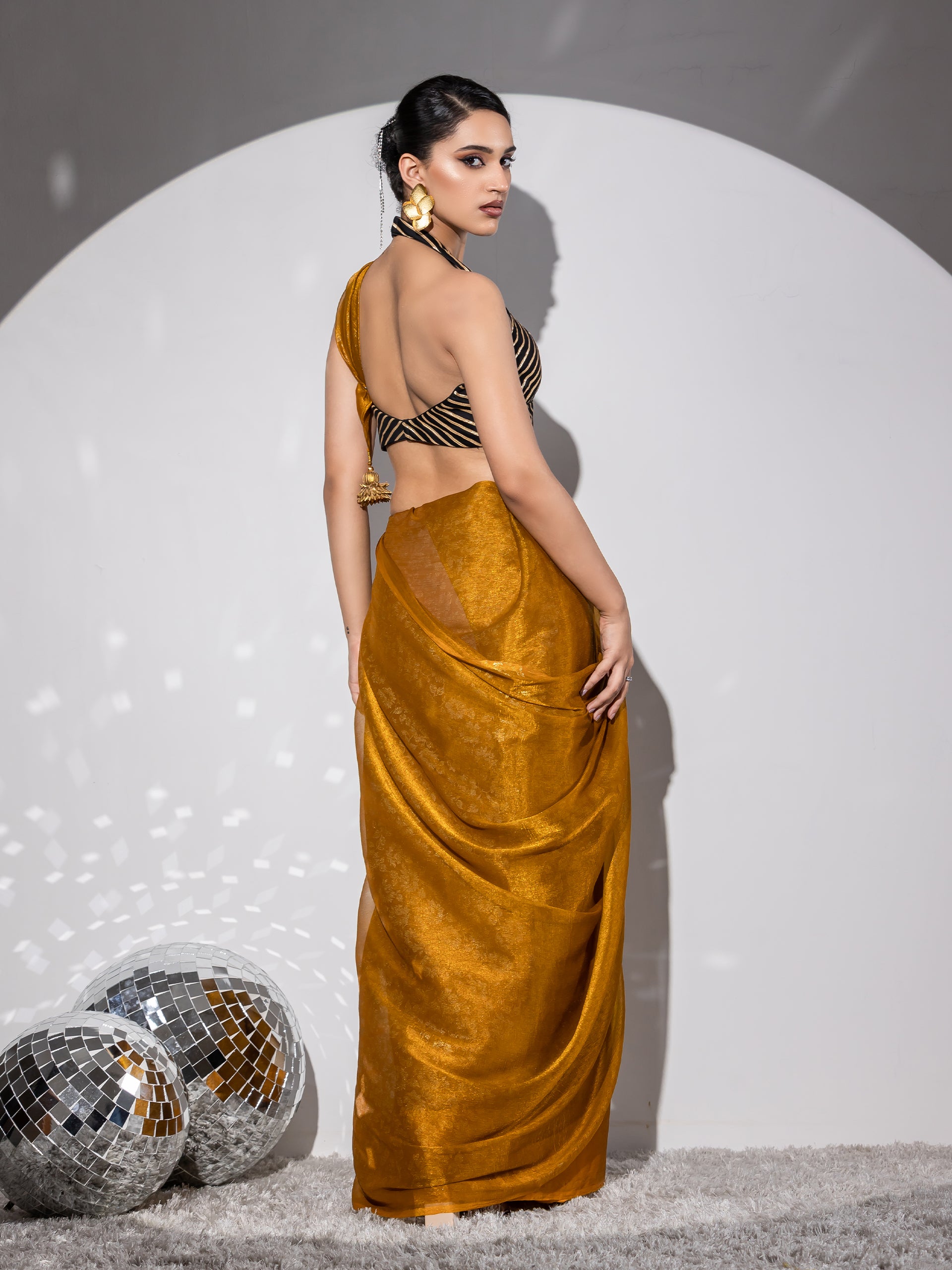 Blitz mustard gold floral print organza saree with blouse fabric — view 3