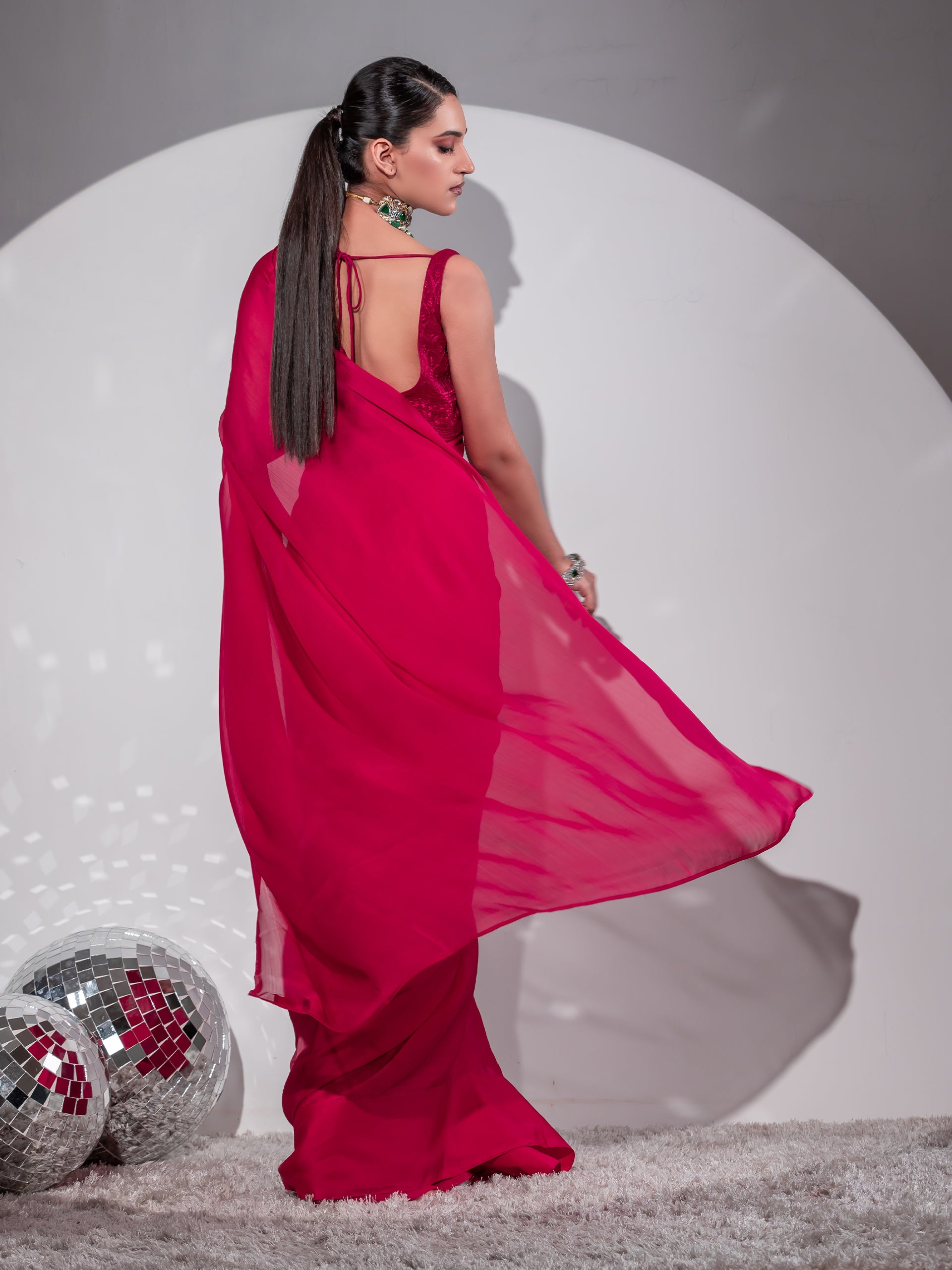 Romantic Crimson Butter Chiffon Saree with Embroidered Blouse Fabric