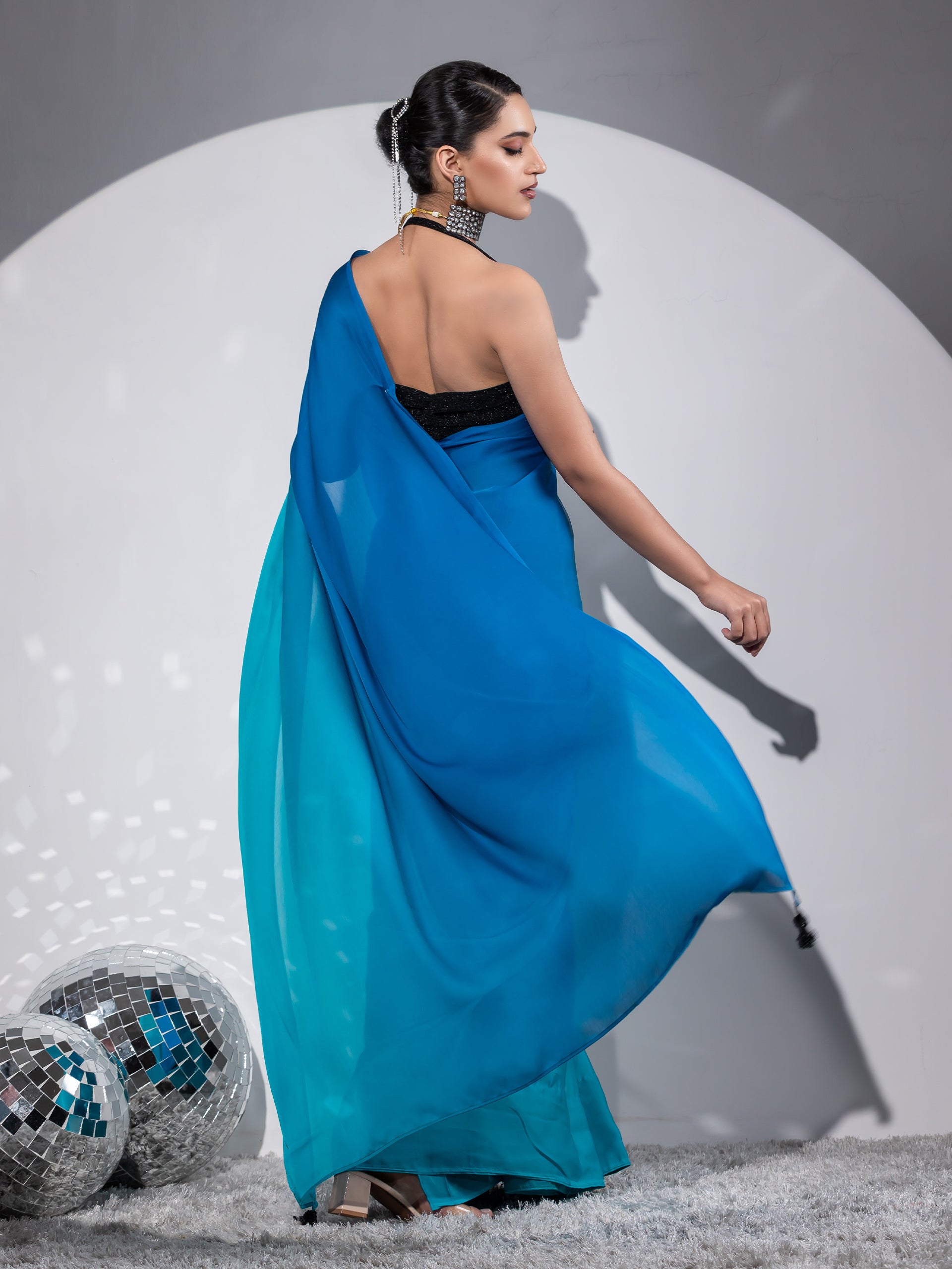 Cyan Persian blue silky chiffon with blouse fabric — view 4