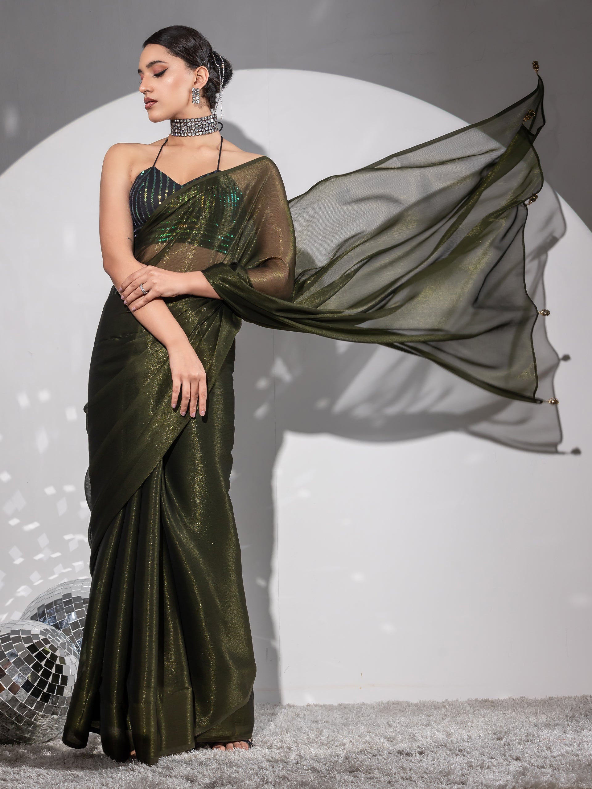 Mehndi Gold Shimmer Chiffon Saree with Pendants and Blouse Fabric