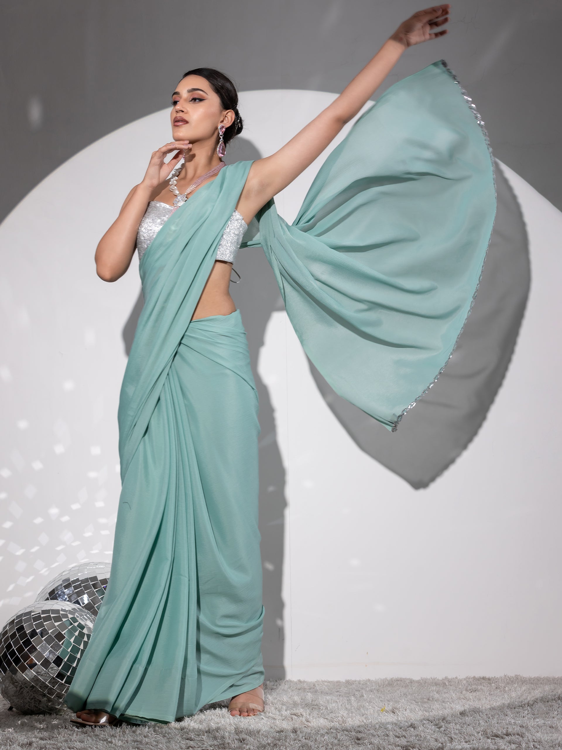 Bora Bora Blue Saree with Silver Lace