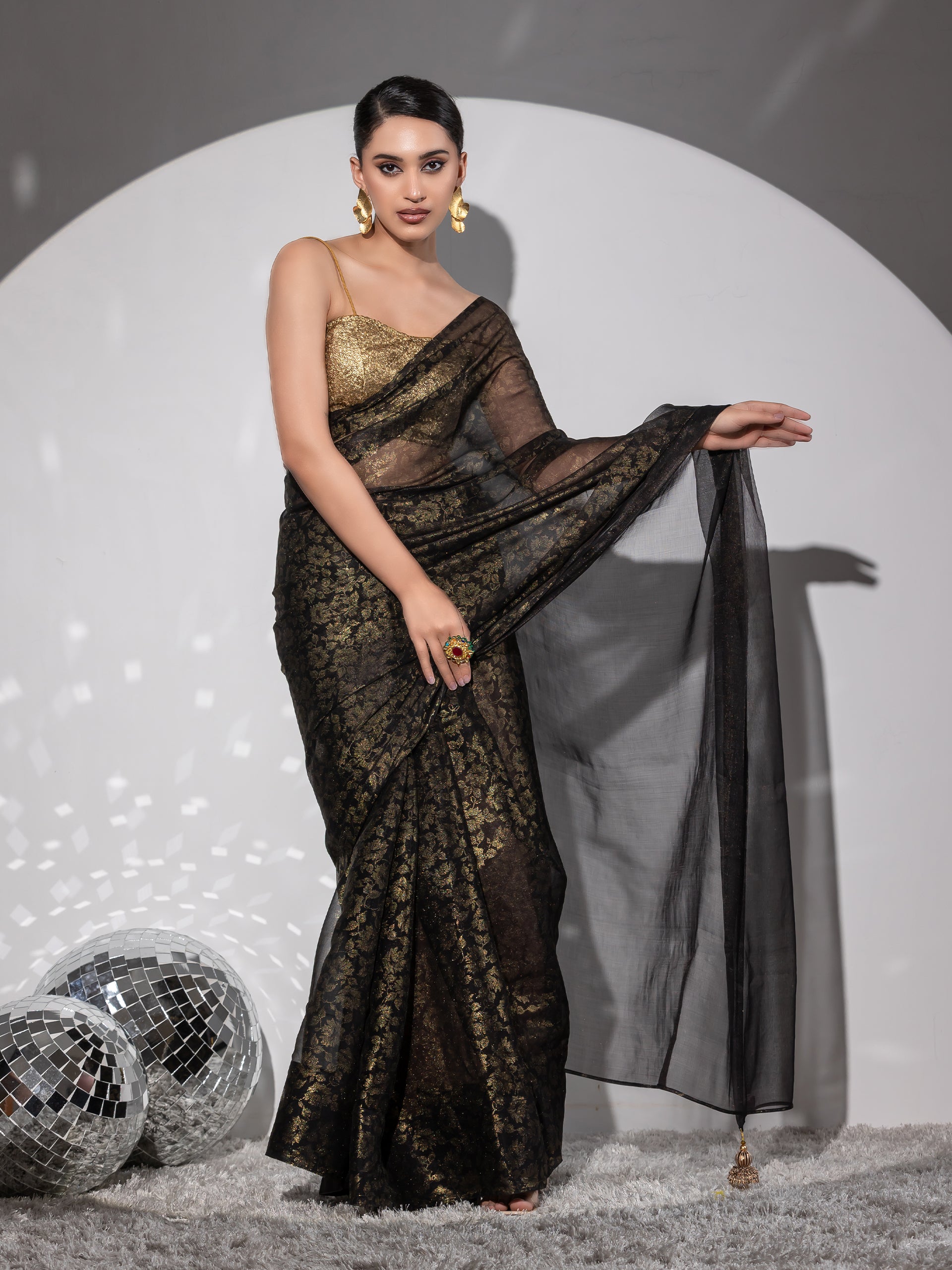 Shine on black organza gold floral print saree with blouse fabric — view 6