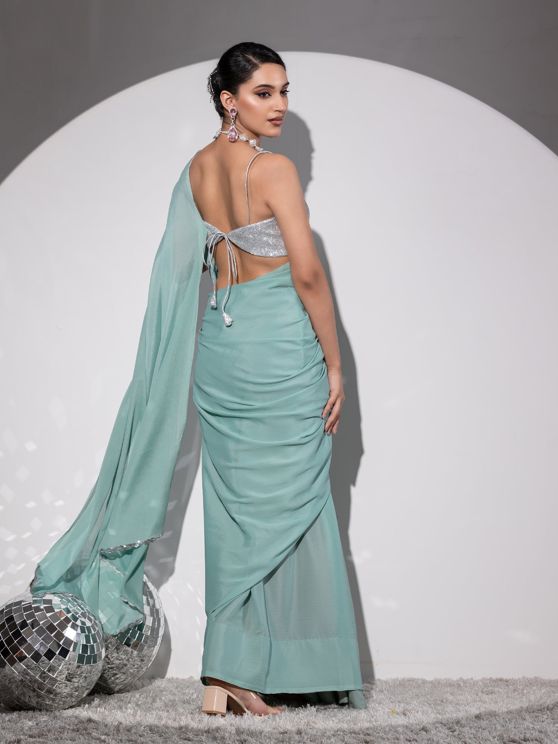 Bora Bora Blue Saree with Silver Lace