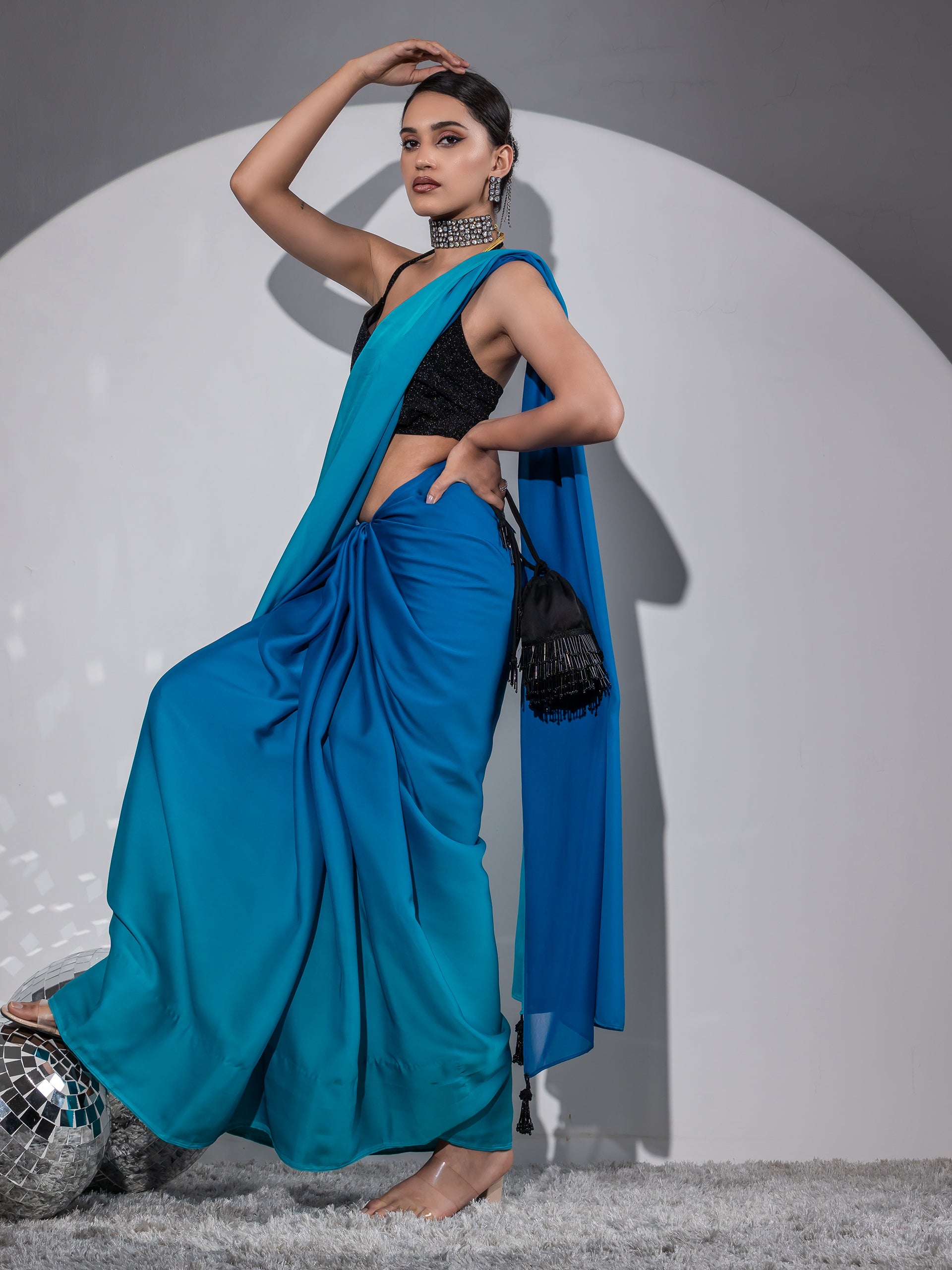 Cyan Persian blue silky chiffon with blouse fabric — view 5
