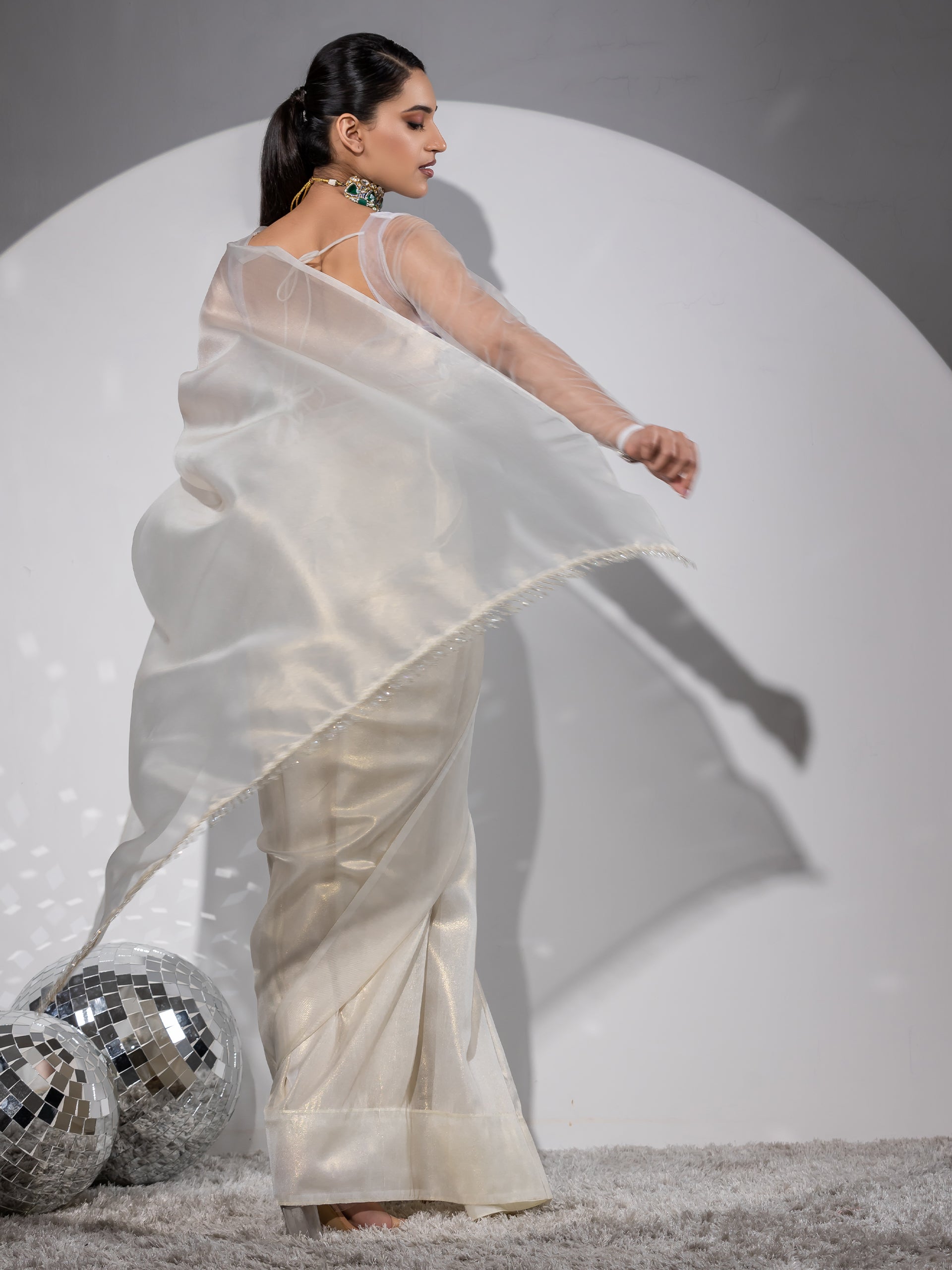 Royal Affair White Gold Organza Saree with Embroidered Blouse Fabric