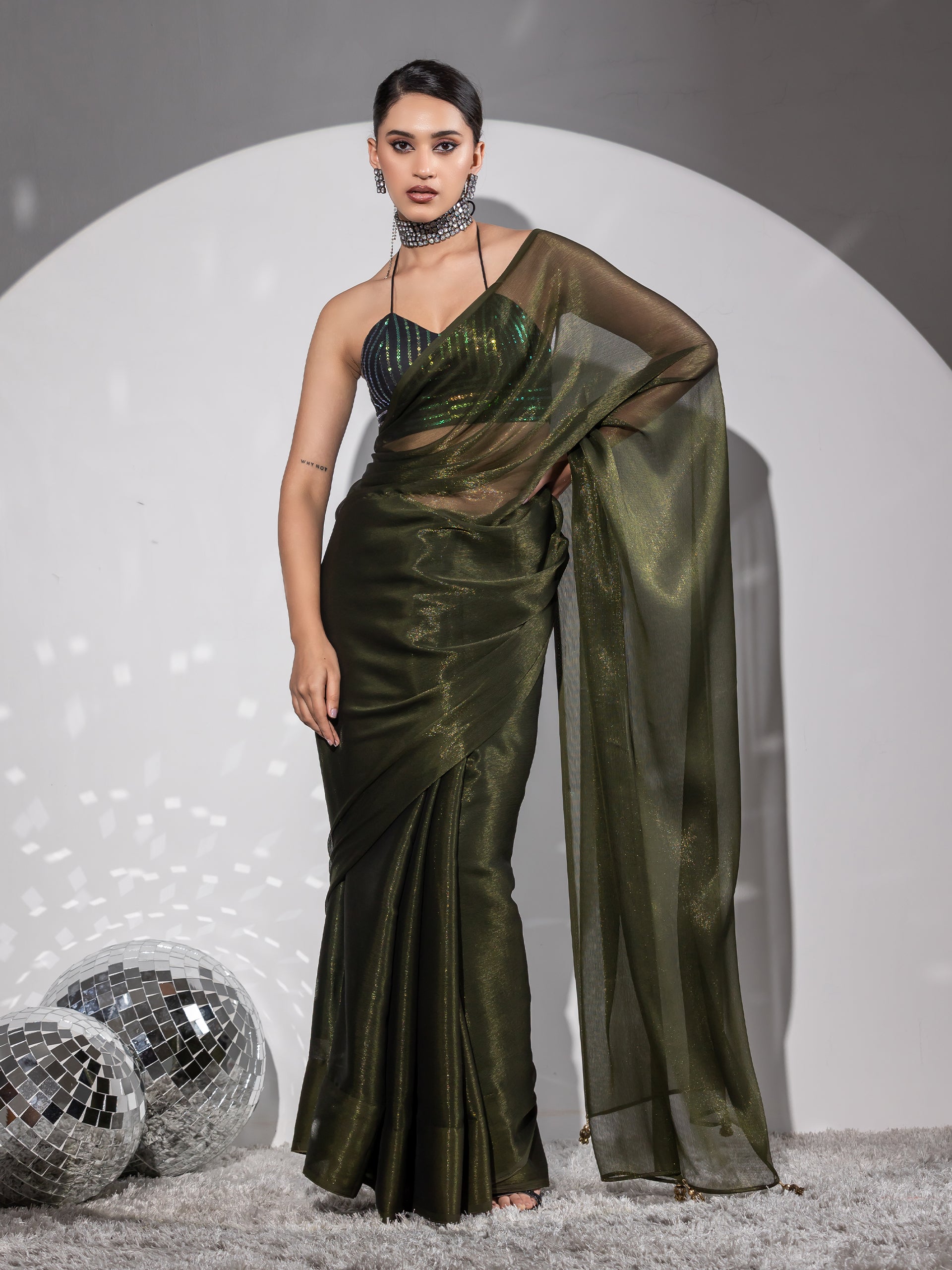 Mehndi Gold Shimmer Chiffon Saree with Pendants and Blouse Fabric