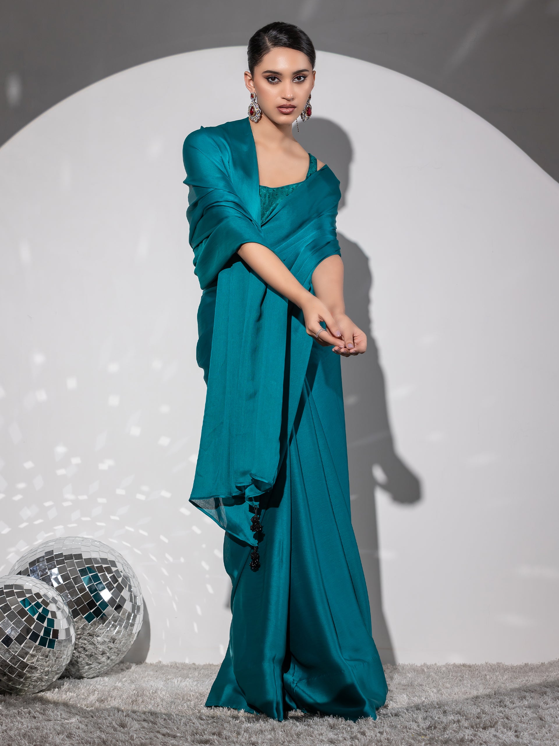 Swirl sea blue butter chiffon saree with embroidered blouse fabric — view 6