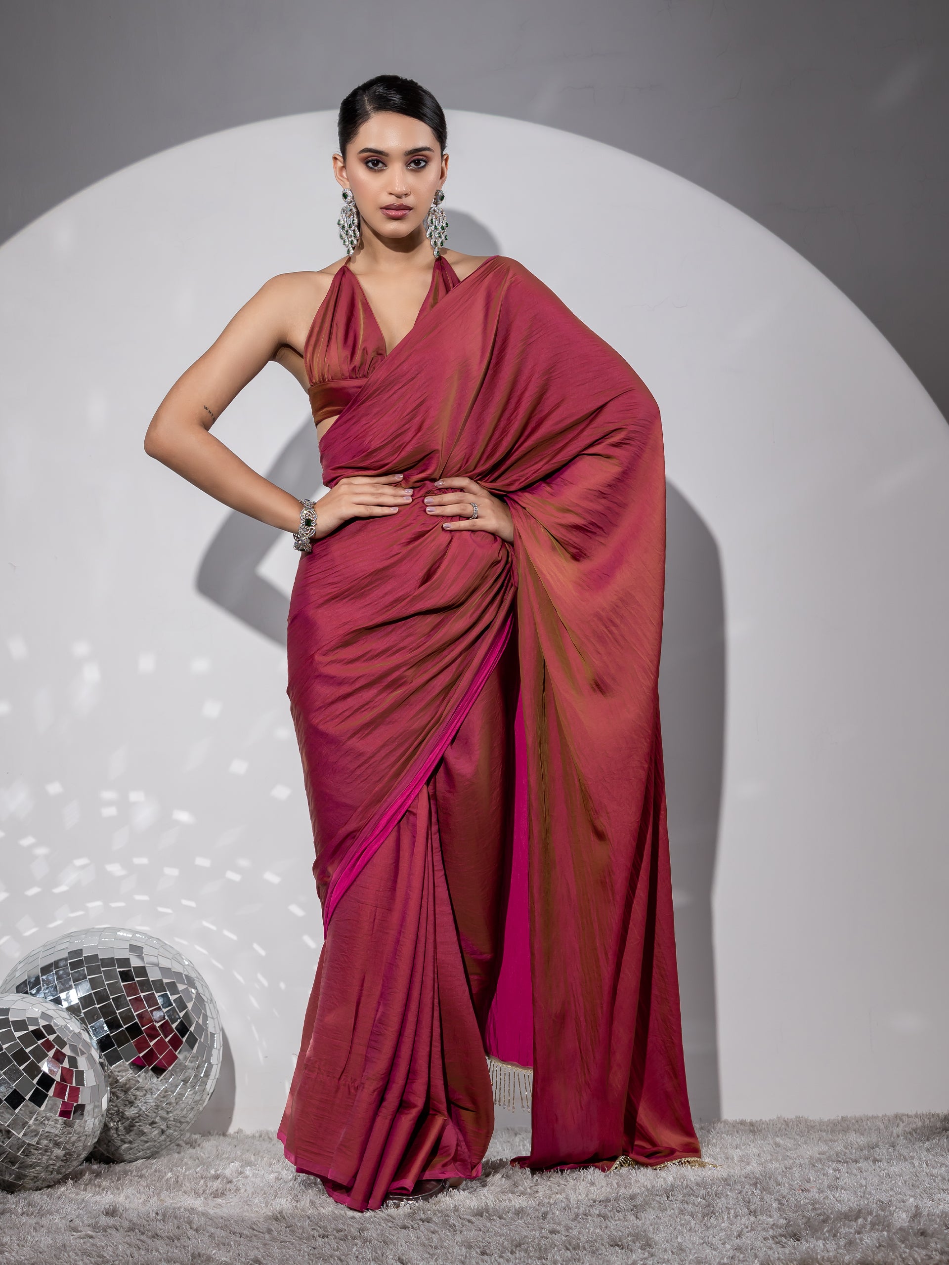 Treasure Paradise Satin Saree with Long Beads and Blouse Fabric