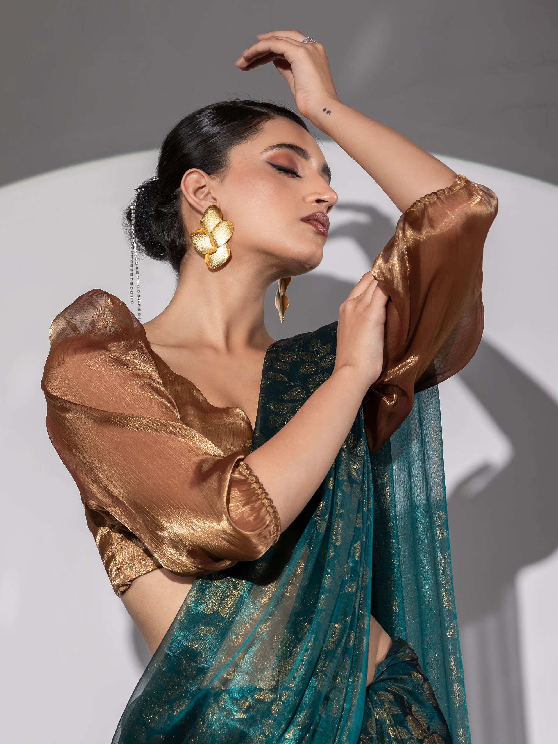 Golden forest organza floral print saree with blouse fabric — view 5