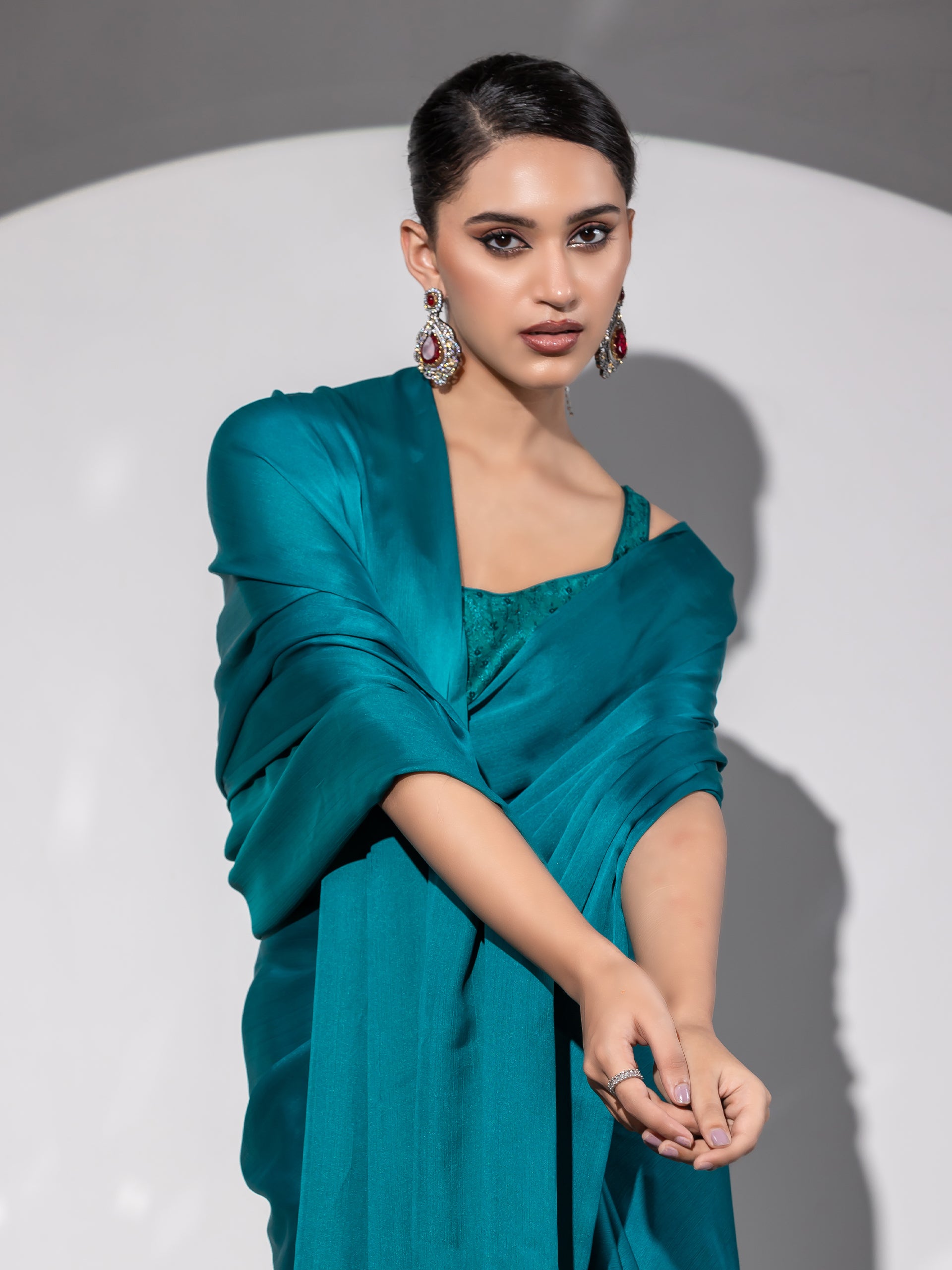 Swirl sea blue butter chiffon saree with embroidered blouse fabric — view 5