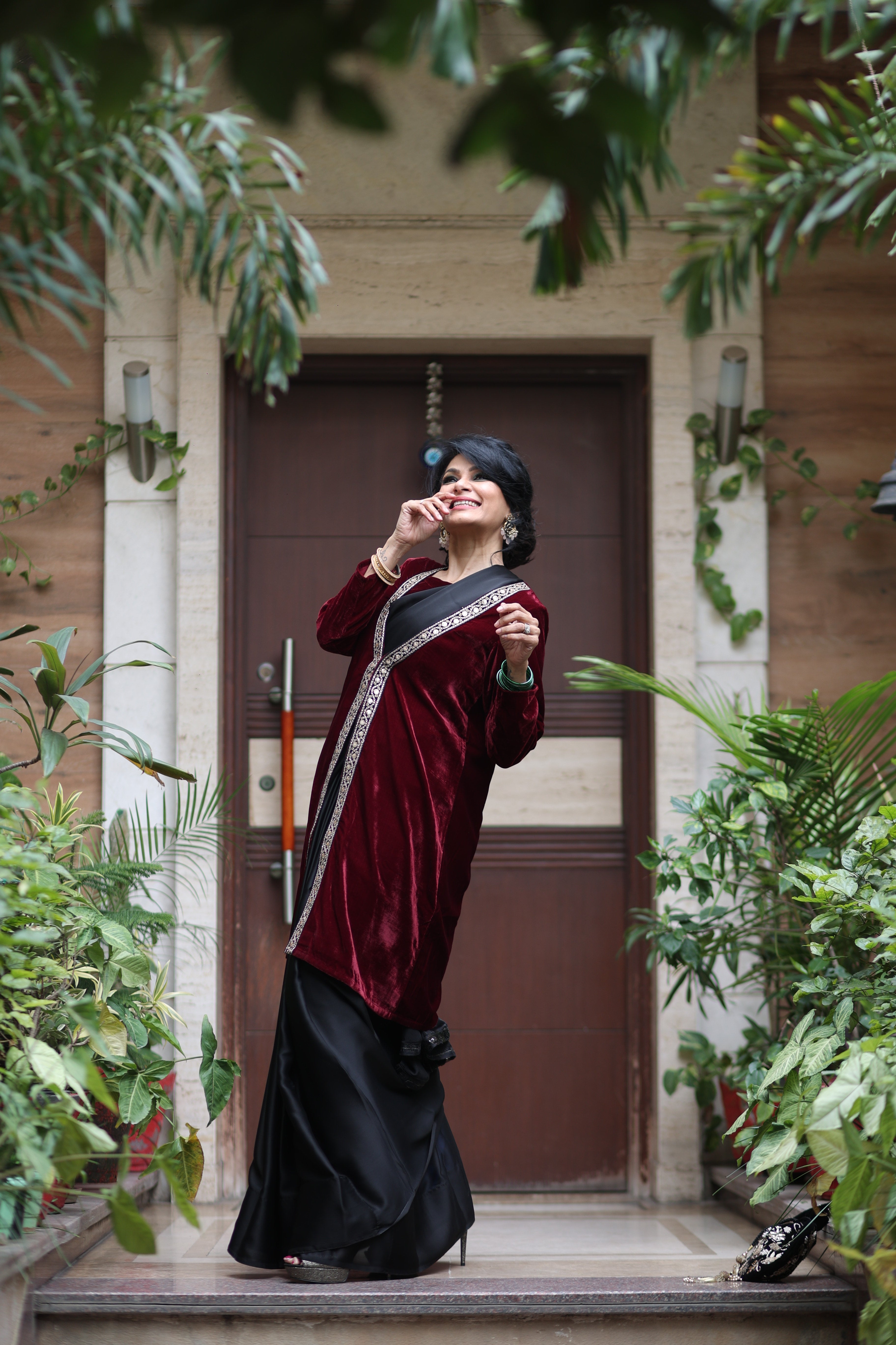 Sangria Velvet Jacket with Lace & Pocket