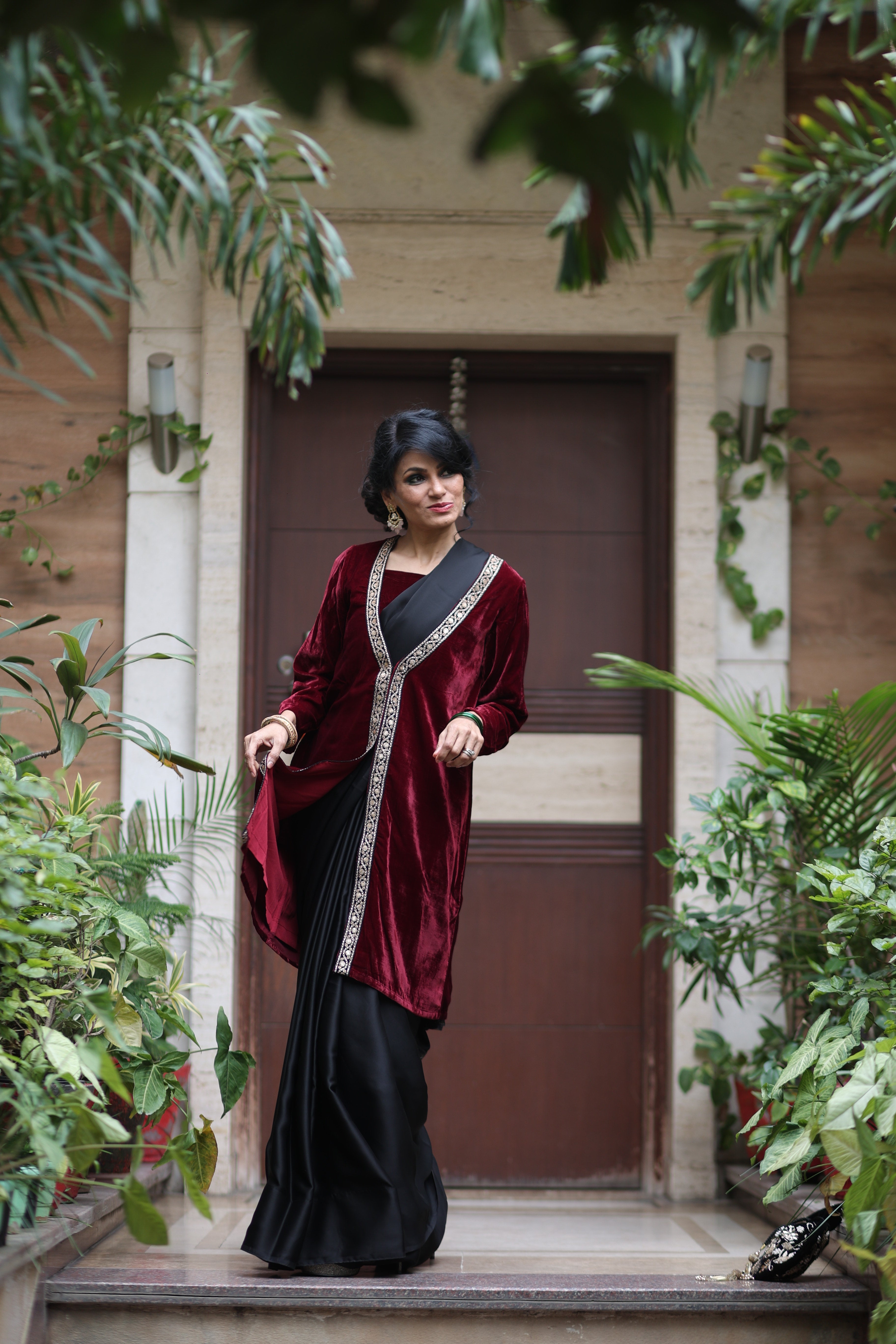 Sangria Velvet Jacket with Lace & Pocket