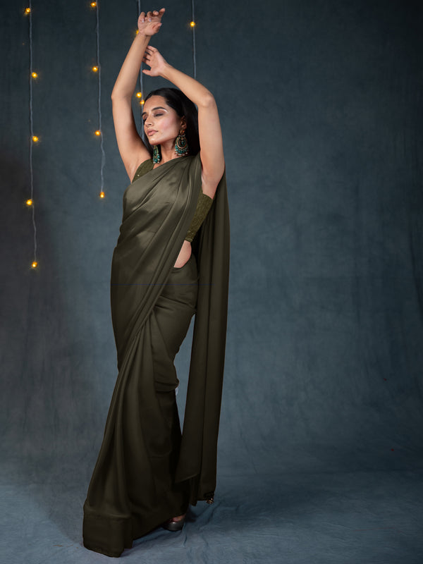 Khaki Saree with Embroidered Blouse Fabric